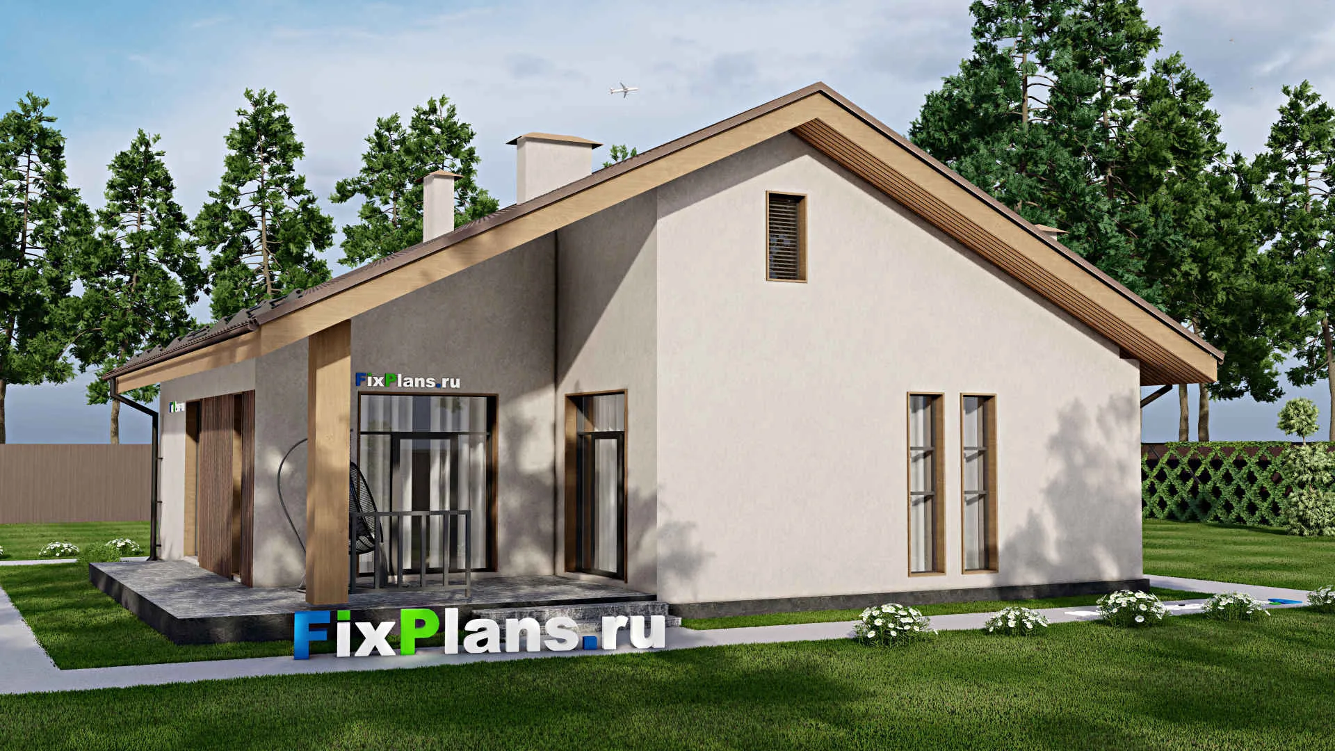 F-7892 - Проект одноэтажного дома 13 на 13, площадью 150 м² с террасой и 3 спальнями