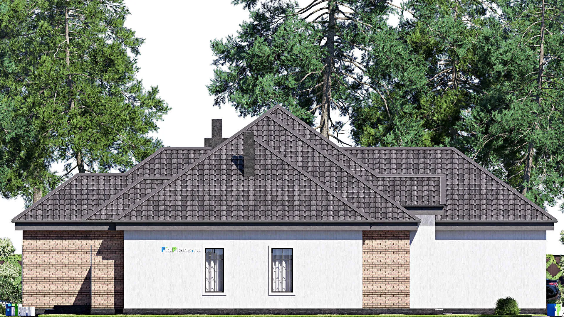 F-17099 - Проект одноэтажного дома 17 на 21, площадью 220 м² с террасой, гаражом на 2 машины и 3 спальнями