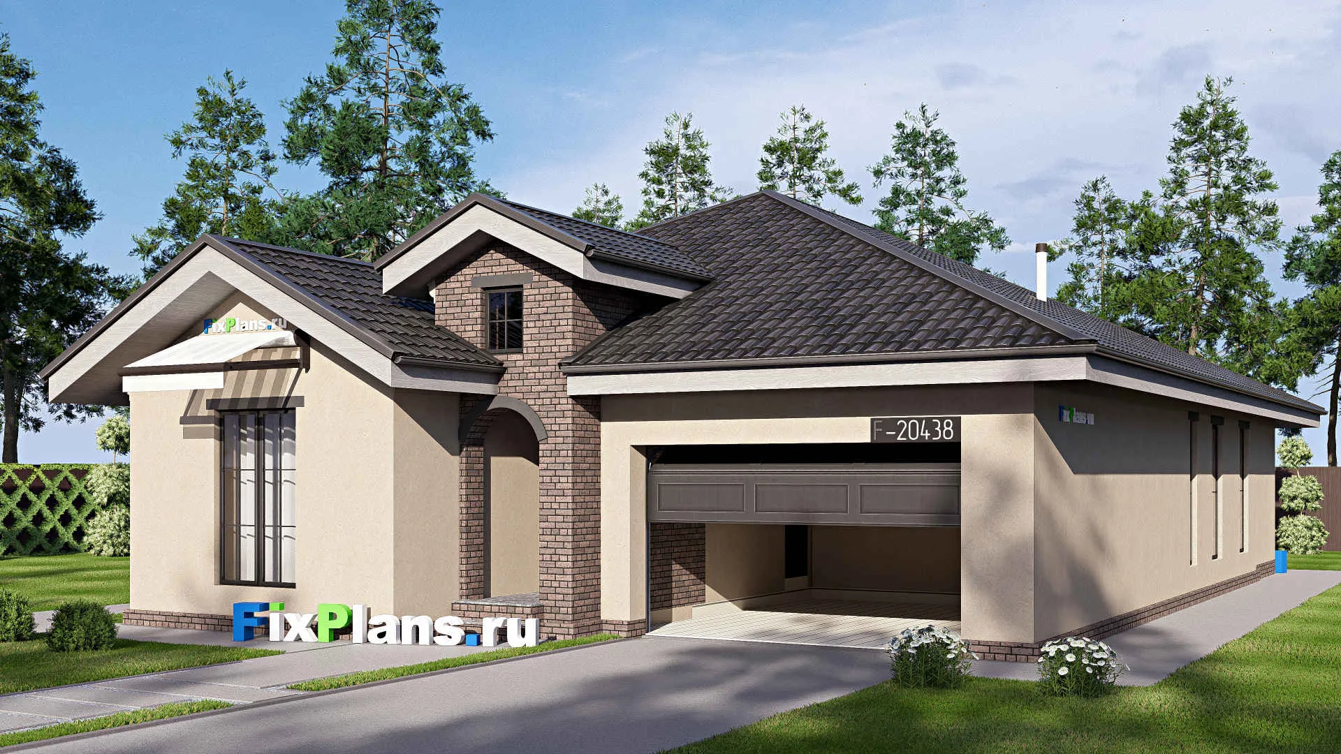 F-20438 - Проект одноэтажного дома 13 на 20, площадью 200 м² с террасой, гаражом на 1 машину и 3 спальнями