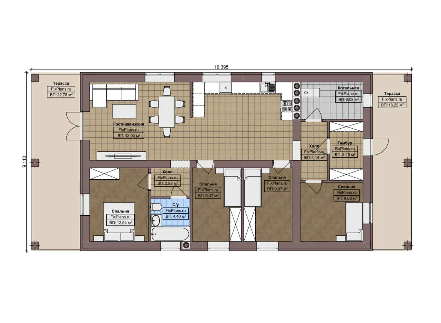 F-7370 - План одноэтажного дома 10 на 20, площадью 150 м² с террасой и 4 спальнями