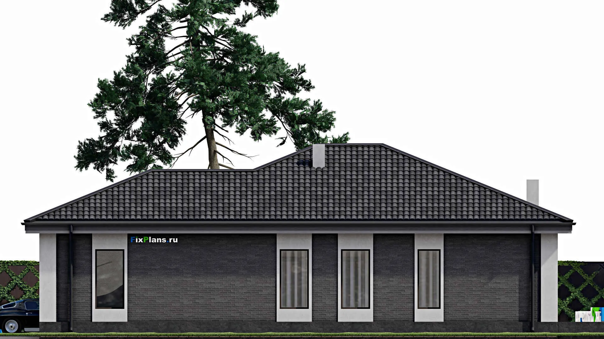 F-1853 - Проект одноэтажного дома 17 на 18, площадью 280 м² с террасой, гаражом на 2 машины и 3 спальнями