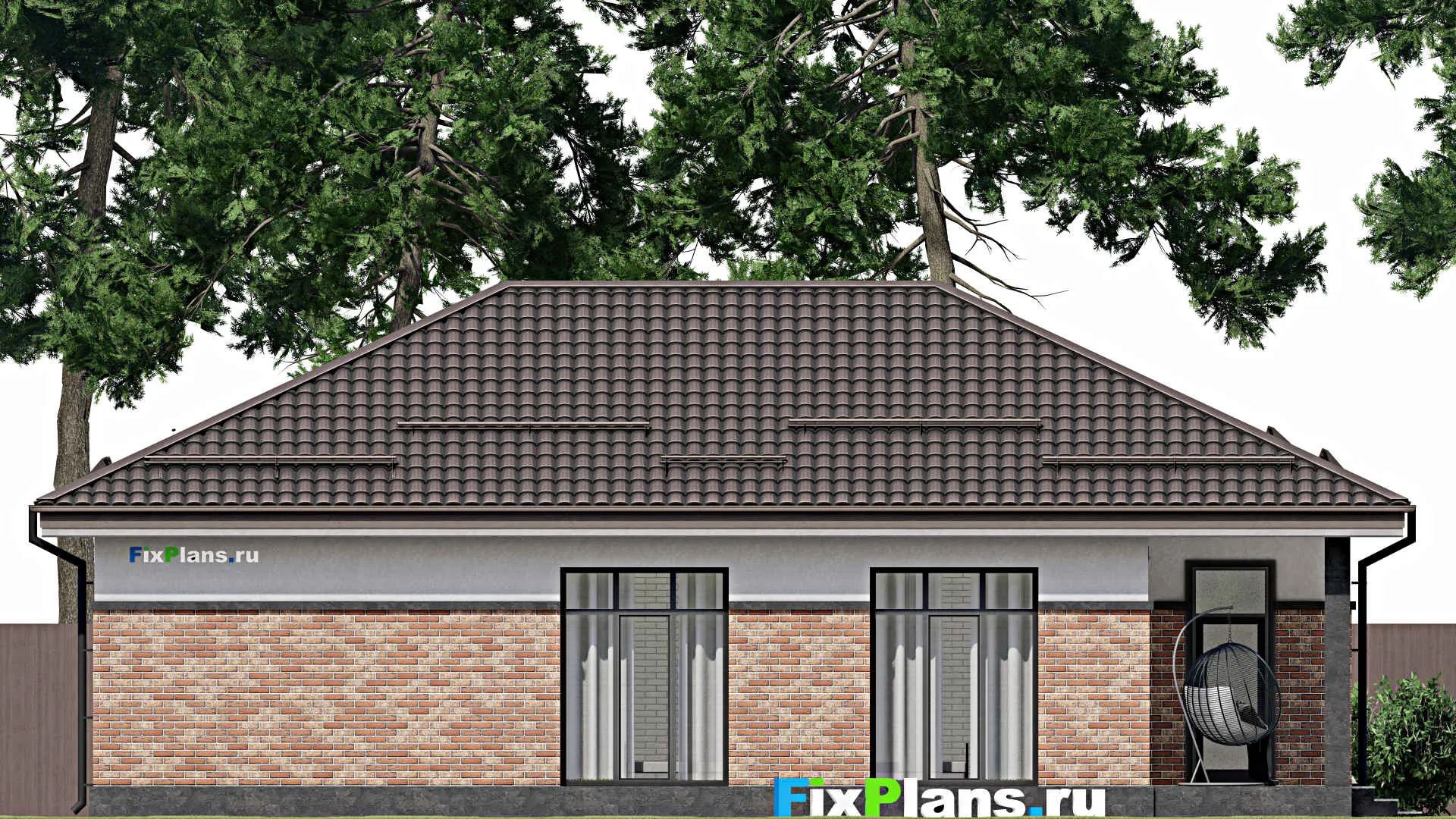 F-2105 - Проект одноэтажного дома 13 на 15, площадью 140 м² с террасой, гаражом на 2 машины и 2 спальнями