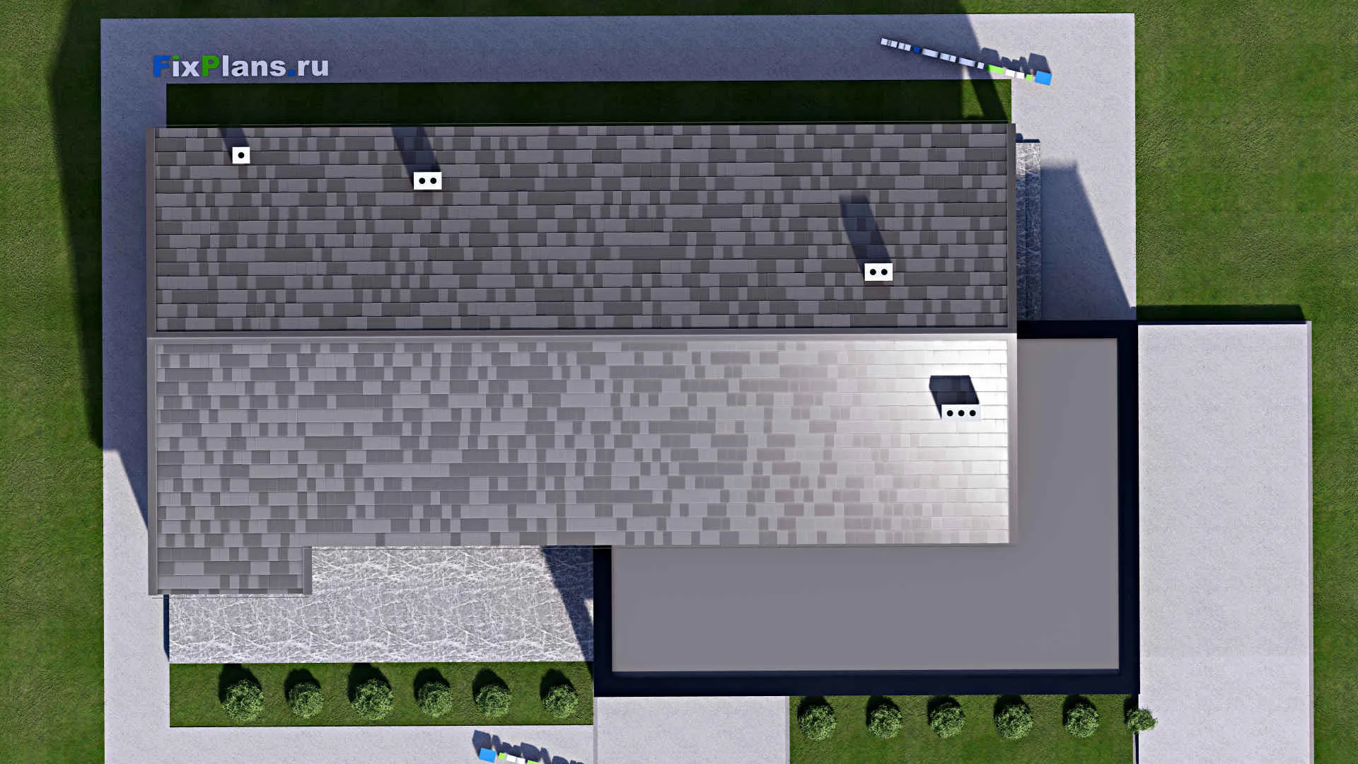 F-16217 - План одноэтажного дома 13 на 23, площадью 240 м² с террасой, гаражом на 2 машины и 4 спальнями