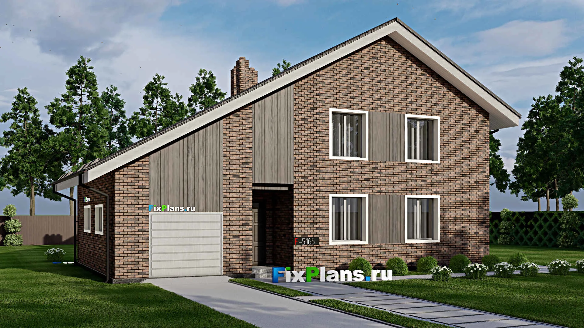 F-5165 - Проект дома с мансардой 9 на 16, площадью 190 м² с террасой, гаражом на 1 машину и 4 спальнями