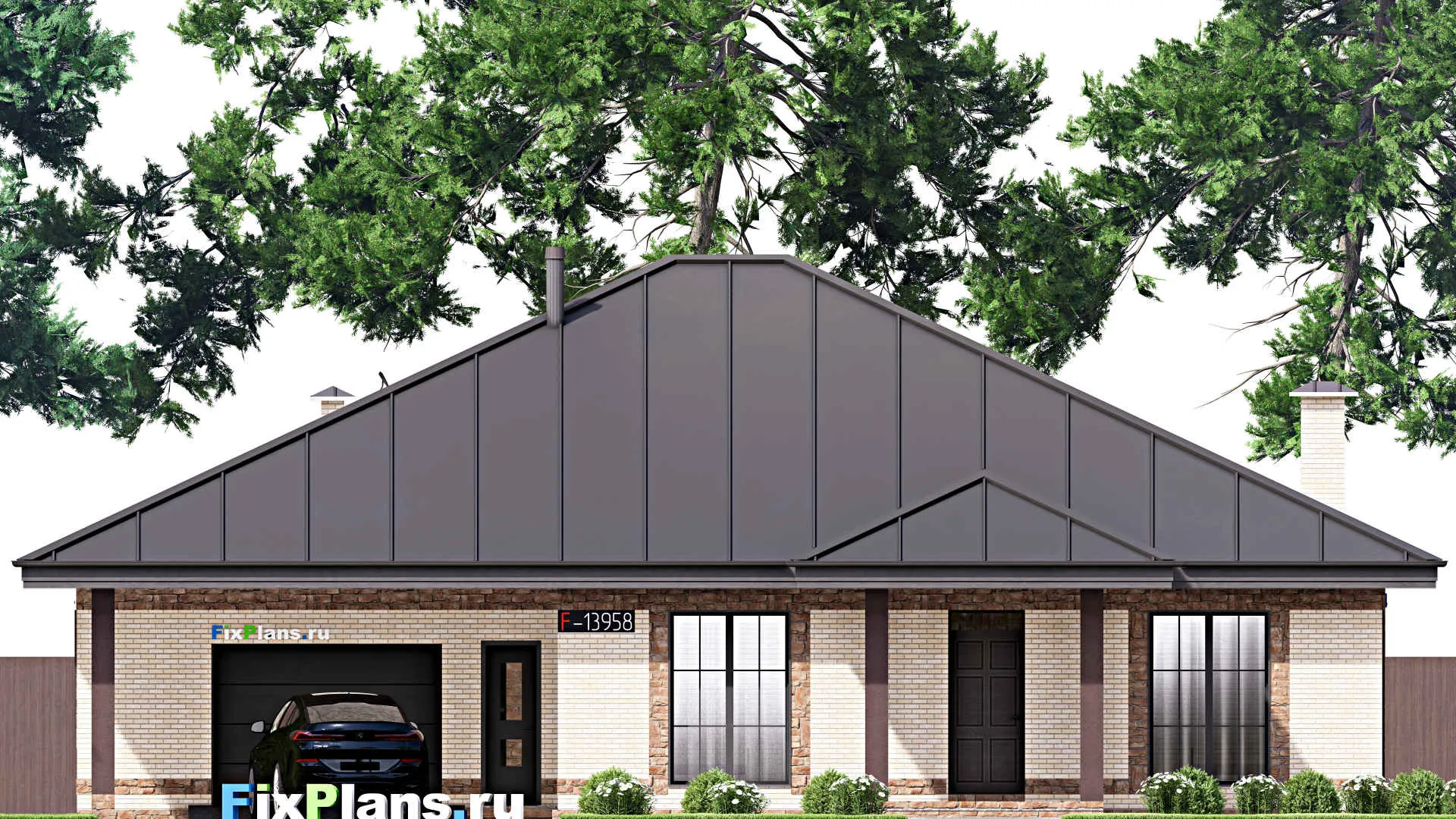 F-13958 - Проект одноэтажного дома 17 на 21, площадью 210 м² с террасой, гаражом на 2 машины и 3 спальнями