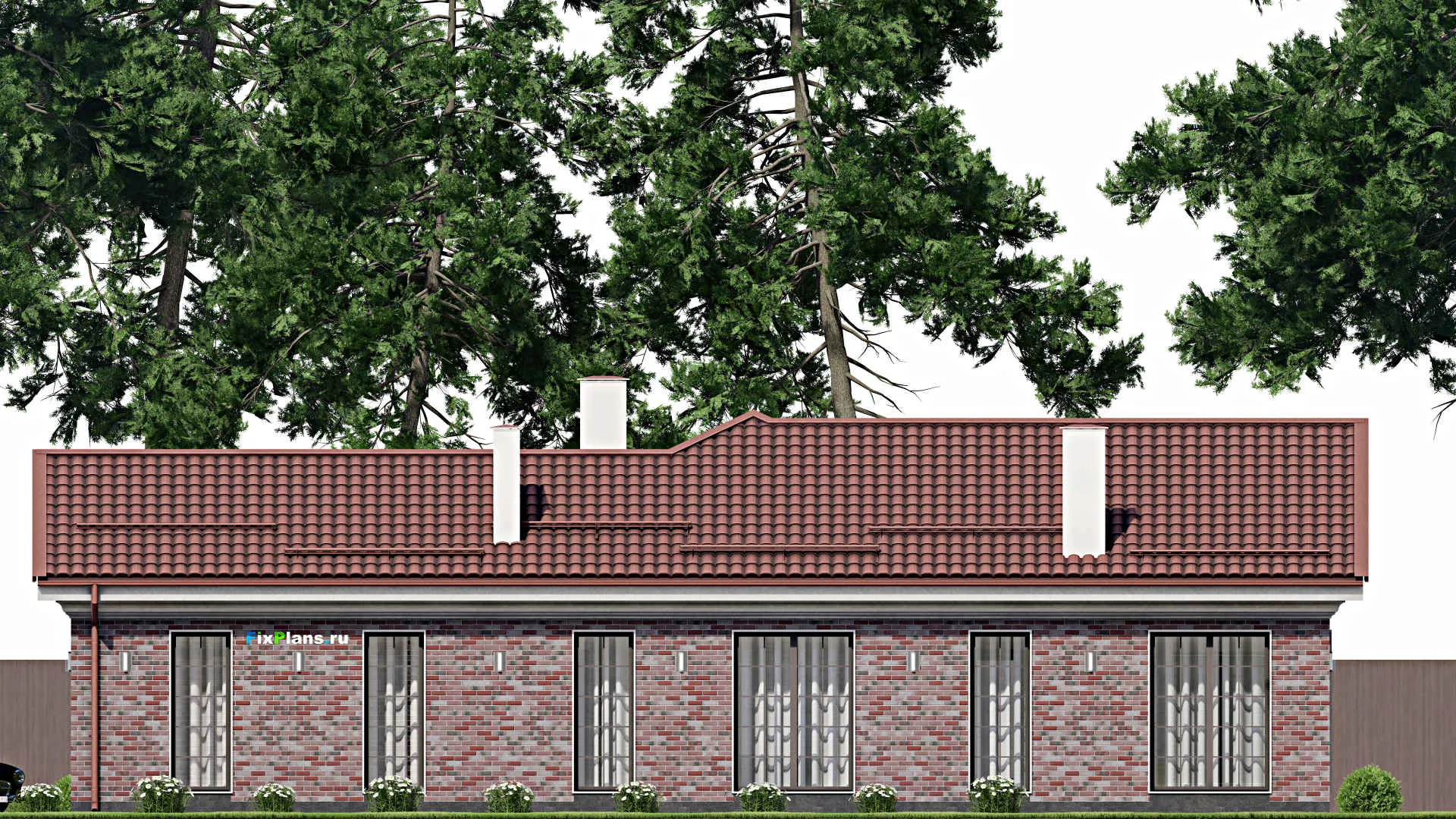 F-1484 - План одноэтажного дома 15 на 19, площадью 190 м² с террасой, гаражом на 1 машину и 3 спальнями
