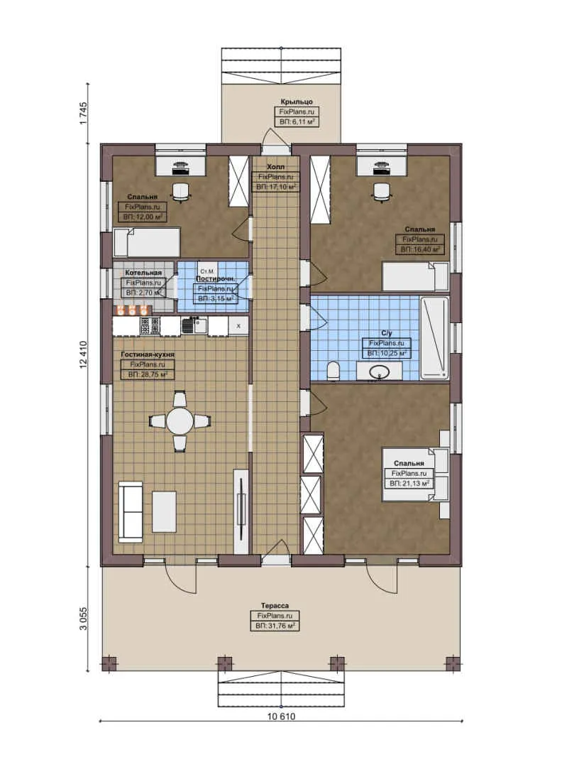 F-6128 - План одноэтажного дома 11 на 13, площадью 150 м² с террасой и 3 спальнями