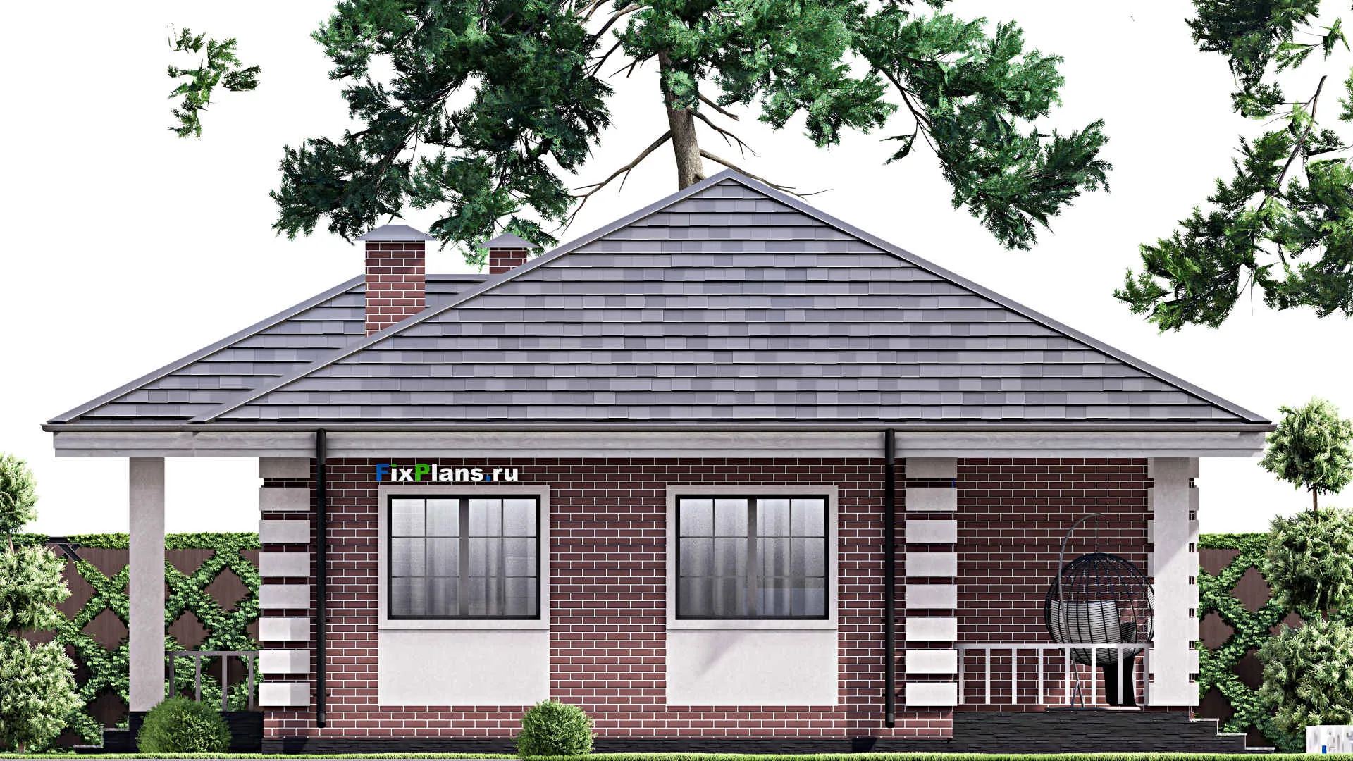 F-12860 - Проект одноэтажного дома 12 на 13, площадью 110 м² с террасой и 3 спальнями