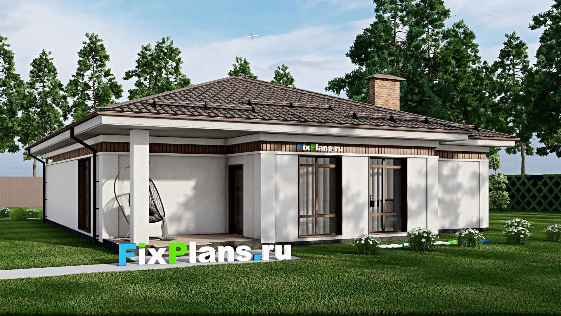 F-2582 - Проект одноэтажного дома 14 на 18, площадью 310 м² с террасой, балконом, гаражом на 1 машину и 11 спальнями