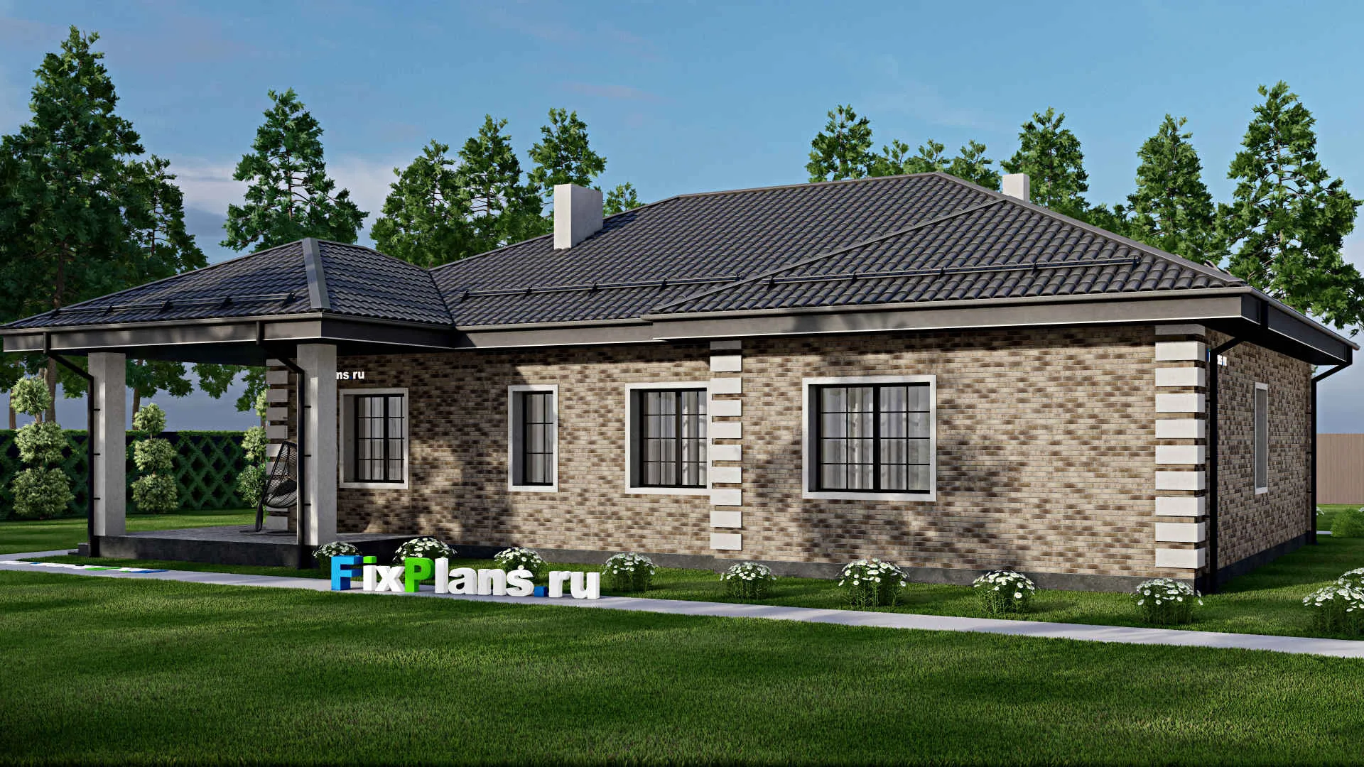 F-1943 - План одноэтажного дома 14 на 18, площадью 200 м² с террасой и 4 спальнями