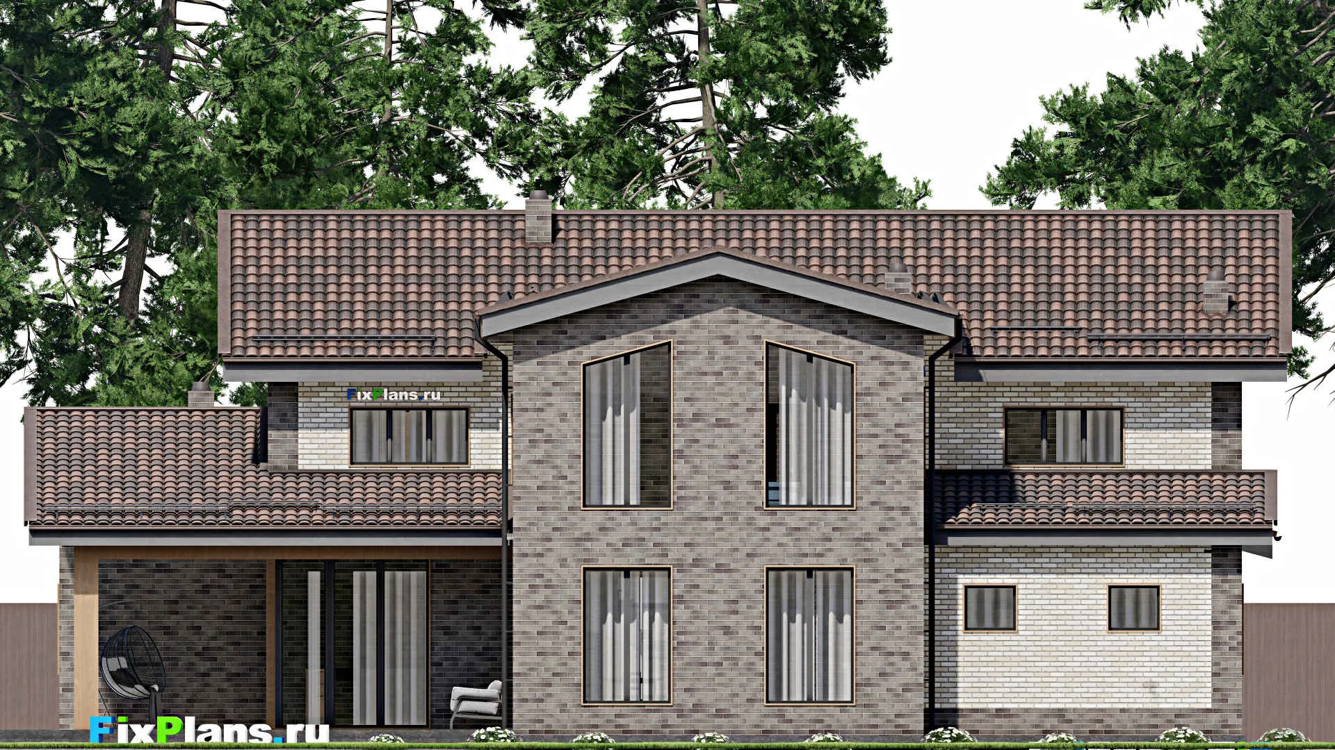 F-3932 - Проект дома с мансардой 20 на 20, площадью 390 м² с террасой, гаражом на 2 машины и 3 спальнями