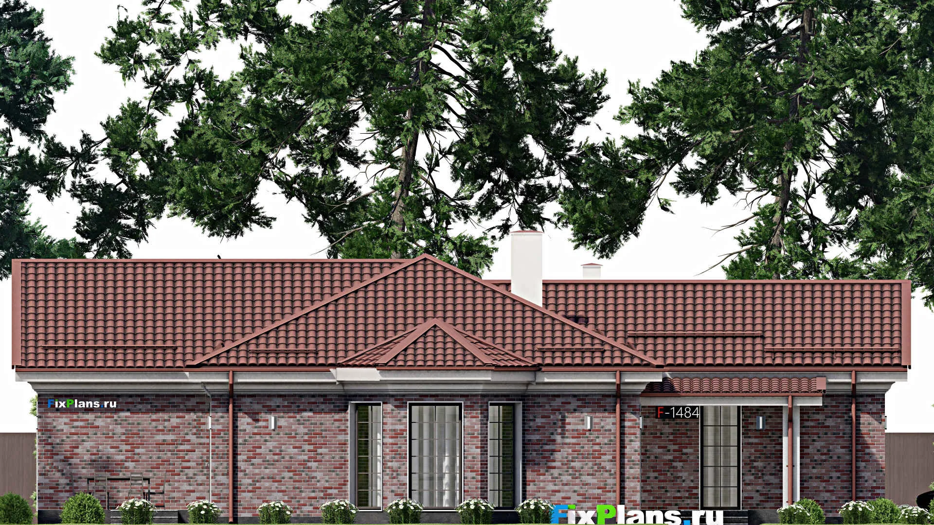 F-1484 - План одноэтажного дома 15 на 19, площадью 190 м² с террасой, гаражом на 1 машину и 3 спальнями