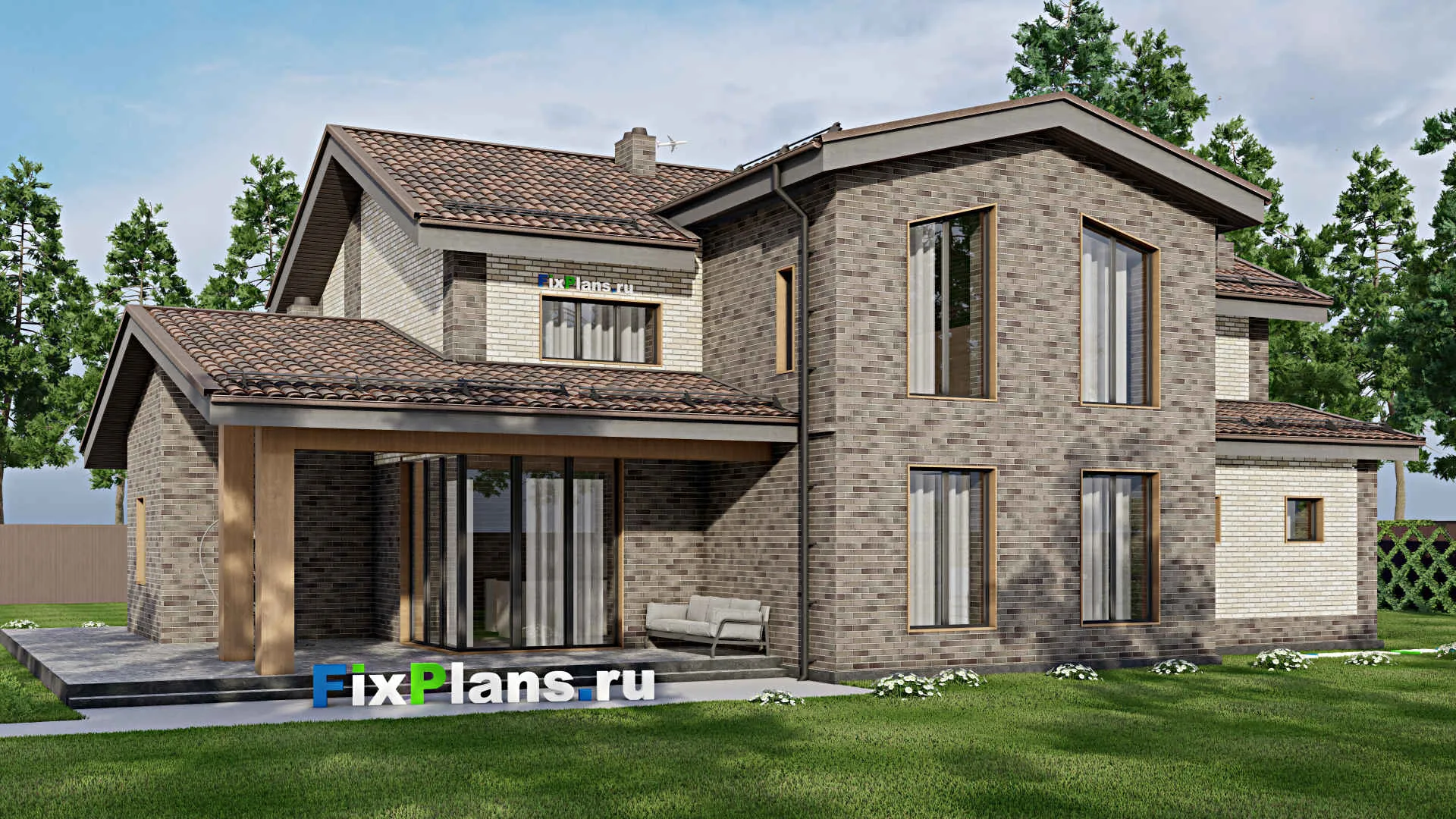 F-3932 - Проект дома с мансардой 20 на 20, площадью 390 м² с террасой, гаражом на 2 машины и 3 спальнями