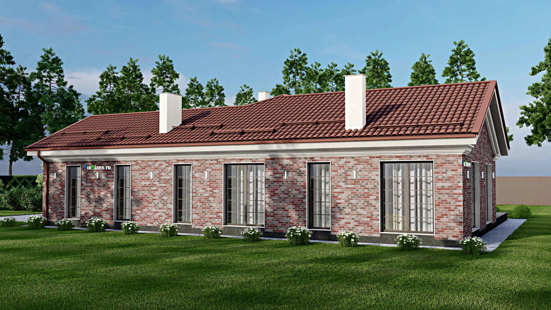 F-1484 - План одноэтажного дома 15 на 19, площадью 190 м² с террасой, гаражом на 1 машину и 3 спальнями