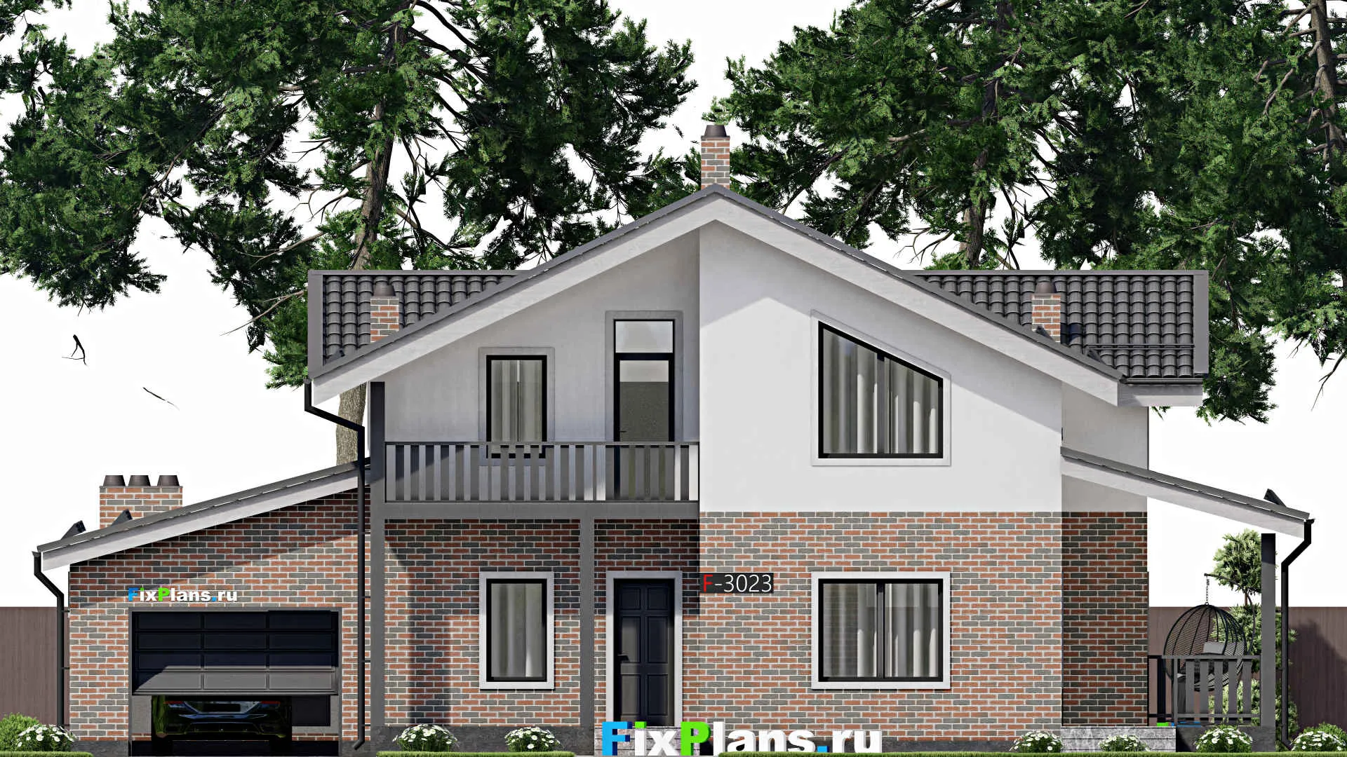 F-3023 - Проект дома с мансардой 10 на 16, площадью 200 м² с террасой, гаражом на 1 машину и 4 спальнями