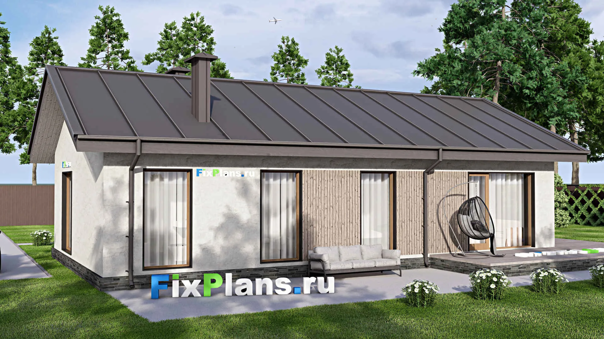 F-12599 - План одноэтажного дома 12 на 18, площадью 130 м² с террасой, баней и 3 спальнями