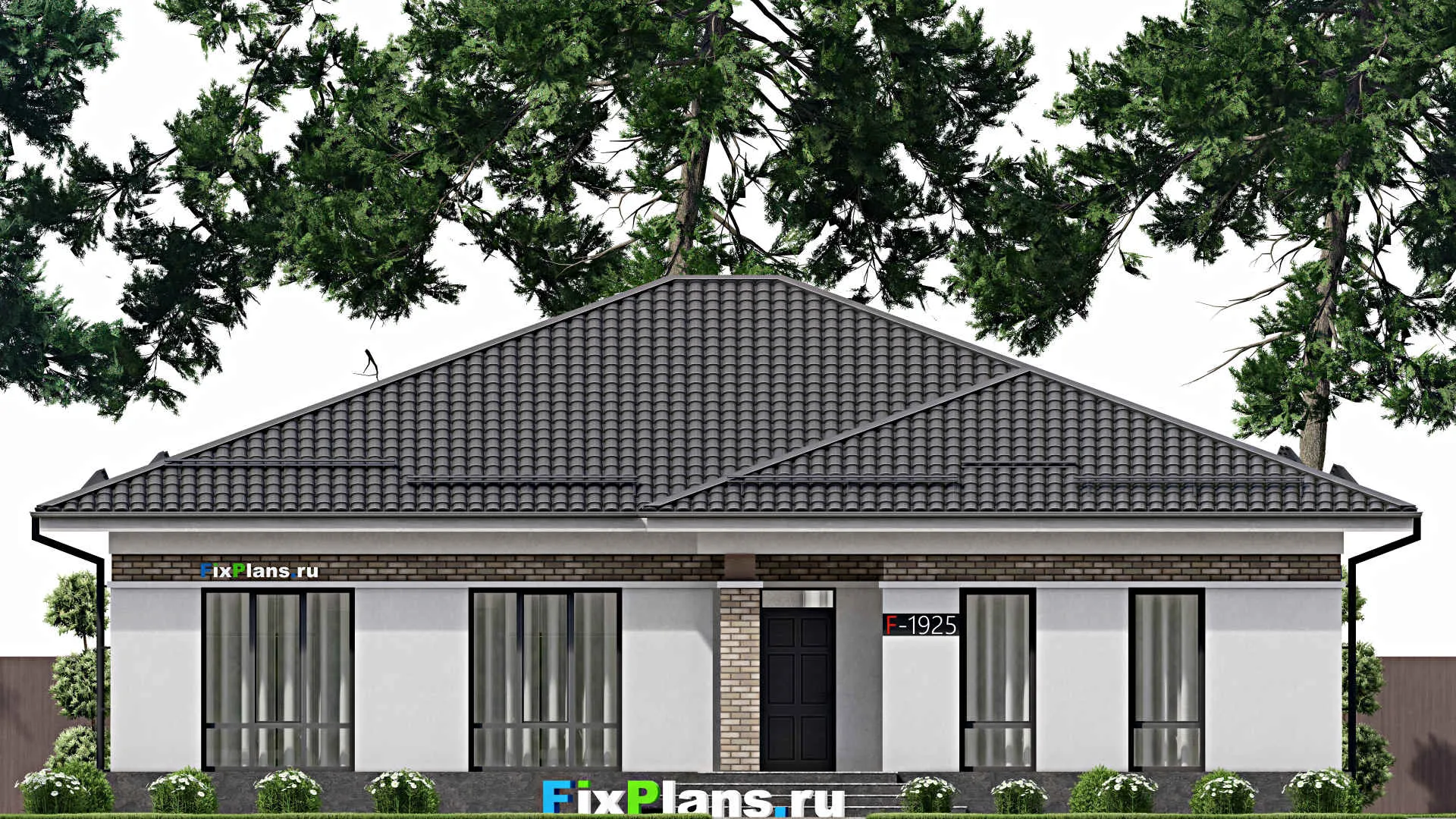 F-1925 - Проект одноэтажного дома 17 на 17, площадью 230 м² с террасой и 4 спальнями