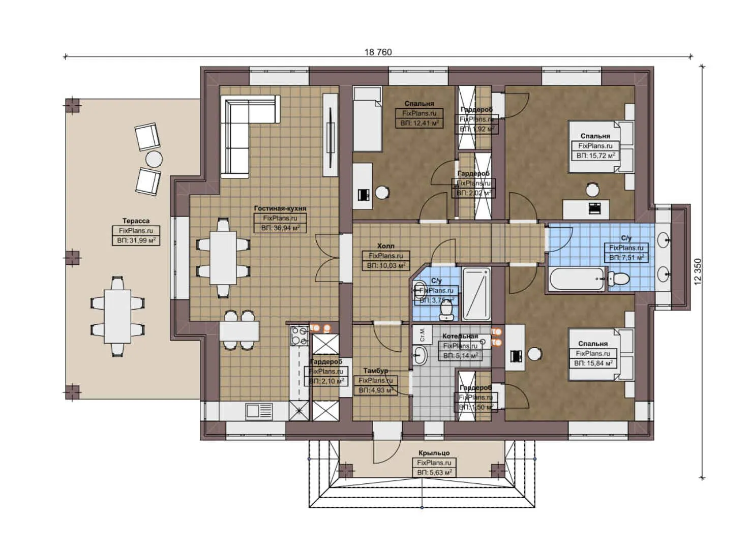 F-8396 - План одноэтажного дома 13 на 17, площадью 160 м² с террасой и 3 спальнями