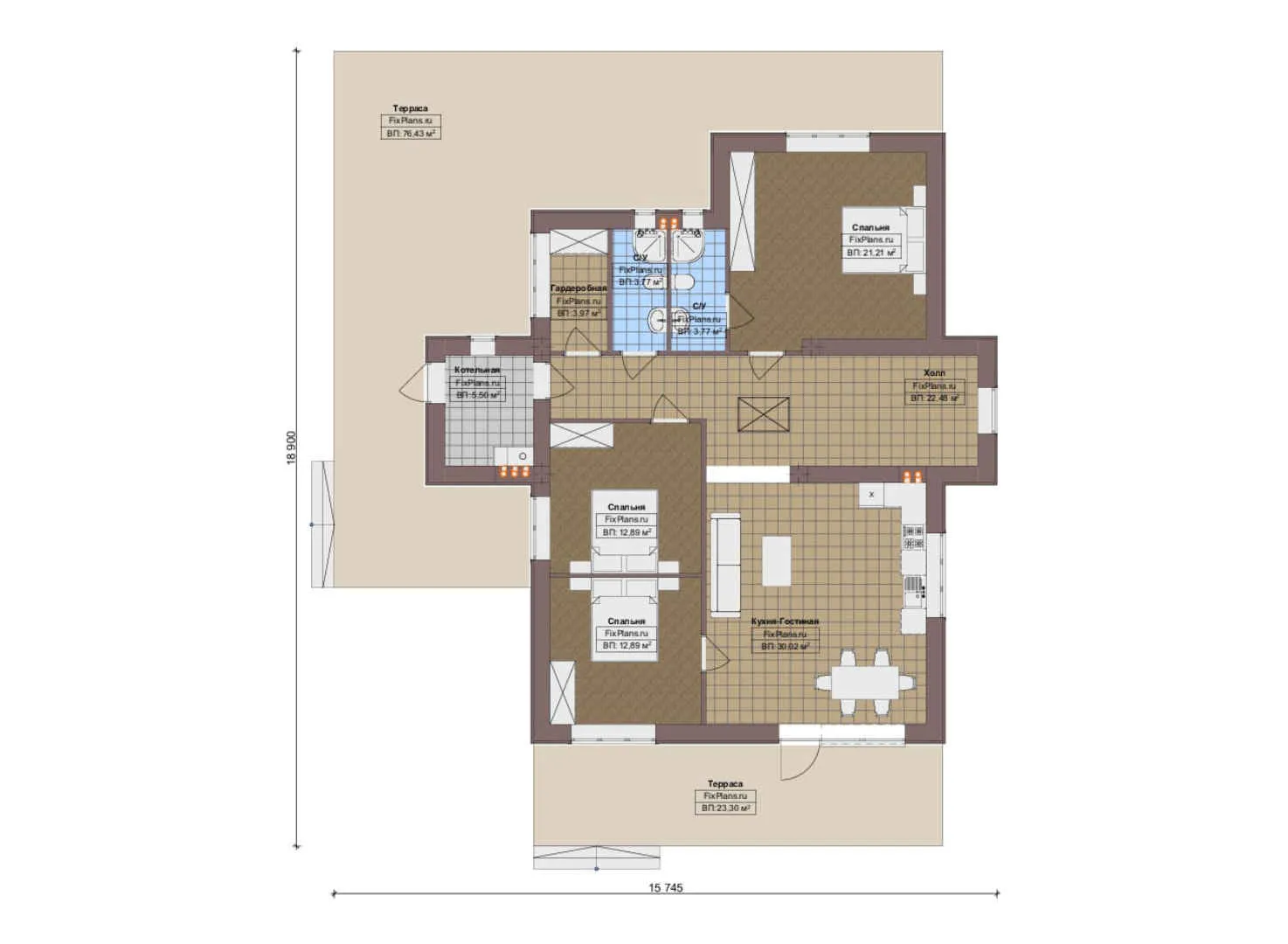 F-20060 - План одноэтажного дома 16 на 19, площадью 220 м² с террасой и 3 спальнями