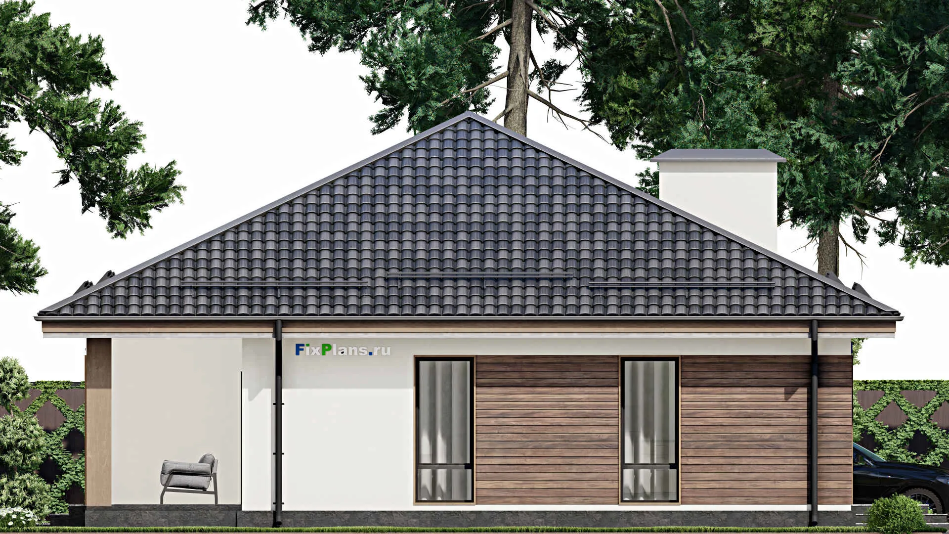 F-5633 - Проект одноэтажного дома 13 на 15, площадью 140 м² с террасой и 3 спальнями