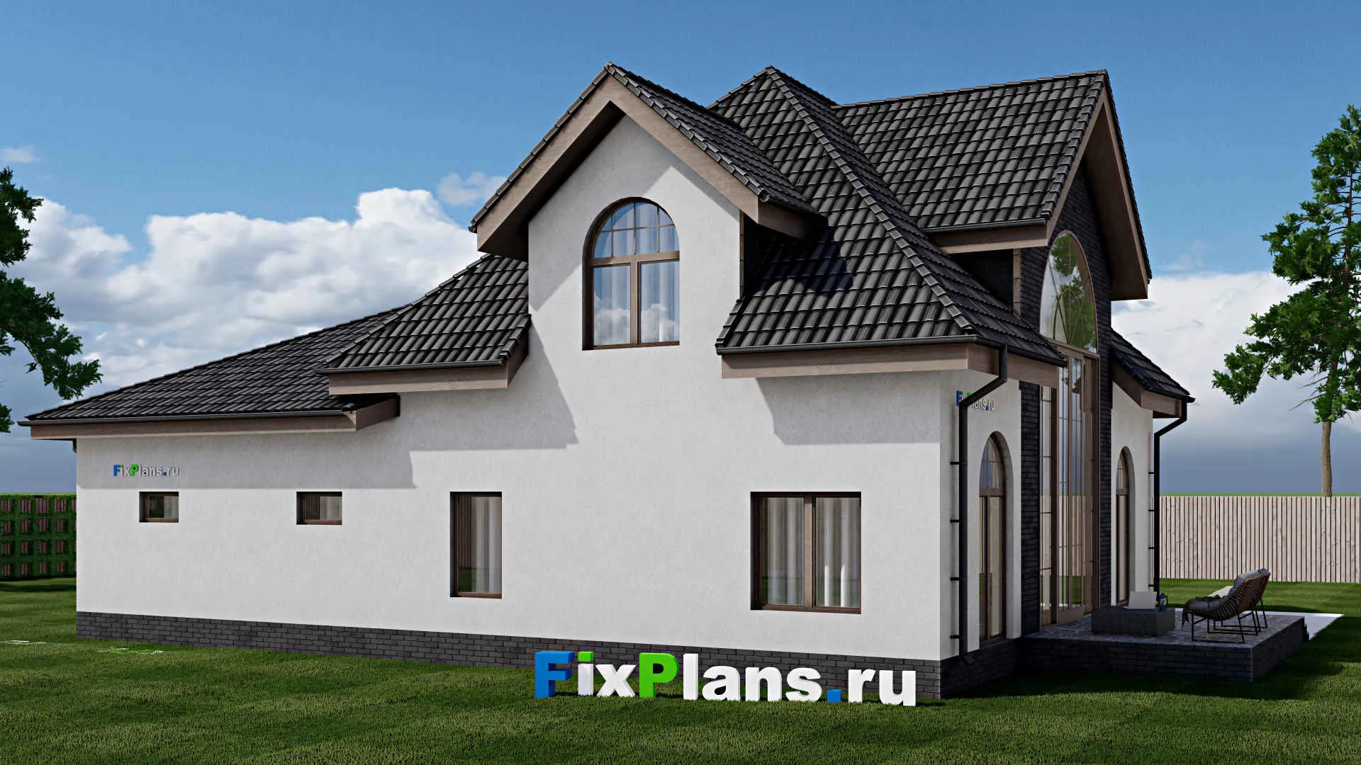 F-1781 - Планы дома с мансардой 12 на 16, площадью 190 м² с террасой, гаражом на 1 машину и 2 спальнями