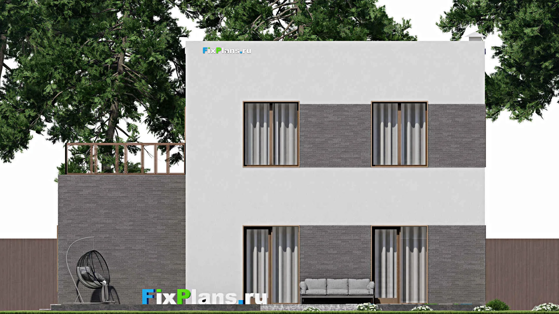 F-8153 - Планы двухэтажного дома 14 на 14, площадью 240 м² с террасой, балконом, гаражом на 1 машину и 3 спальнями