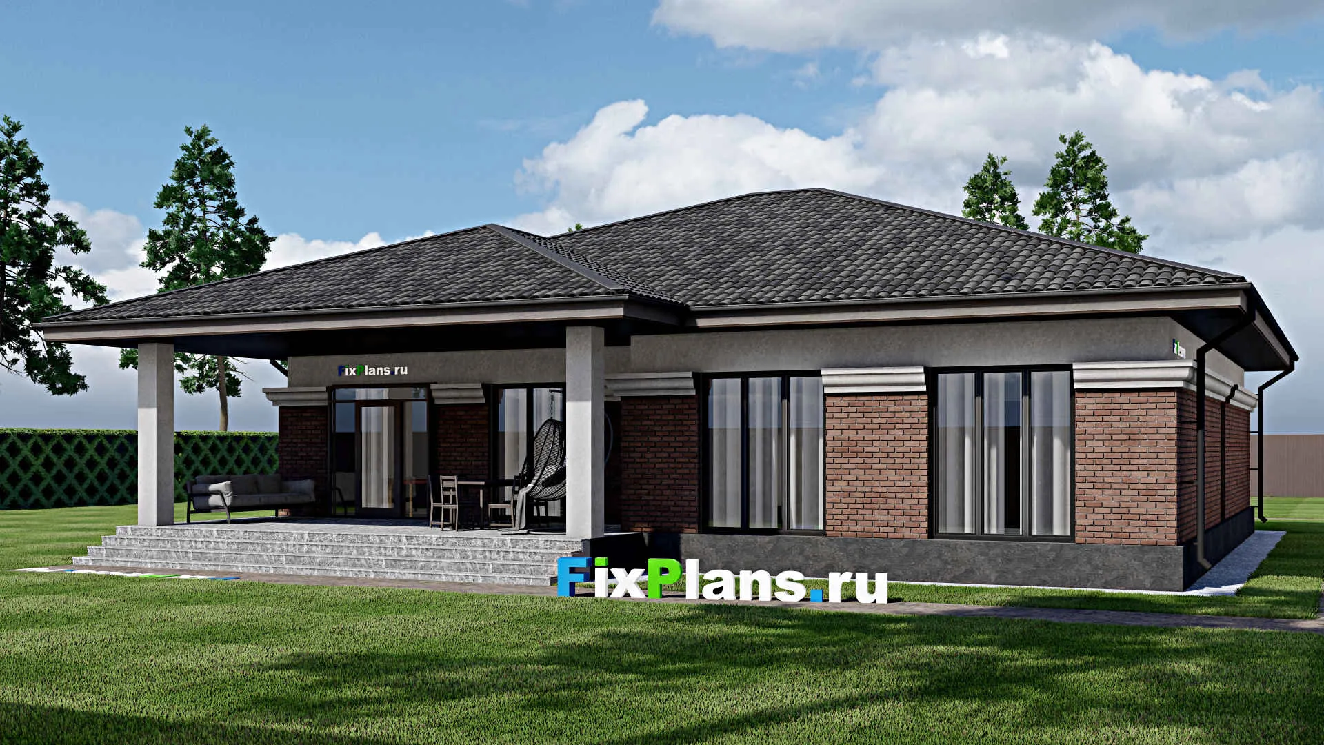 F-1808 - Проект одноэтажного дома 21 на 24, площадью 270 м² с террасой, гаражом на 2 машины и 4 спальнями