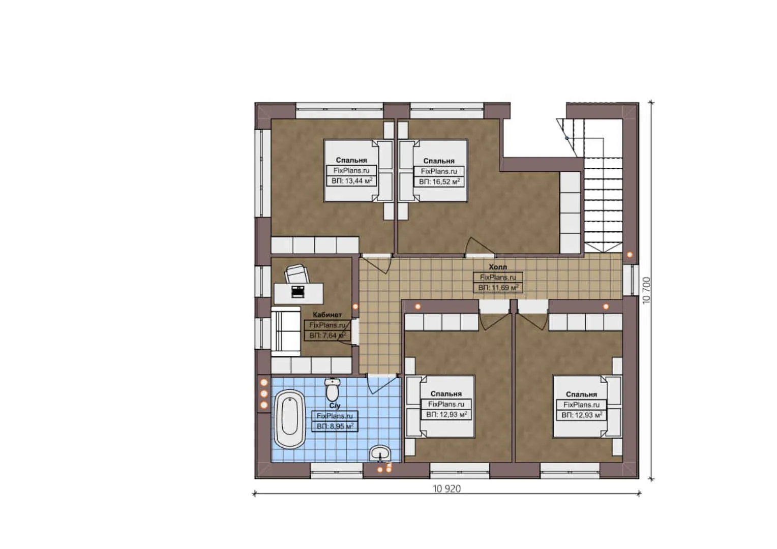 F-0791 - Планы двухэтажного дома 11 на 15, площадью 210 м² с террасой и 6 спальнями