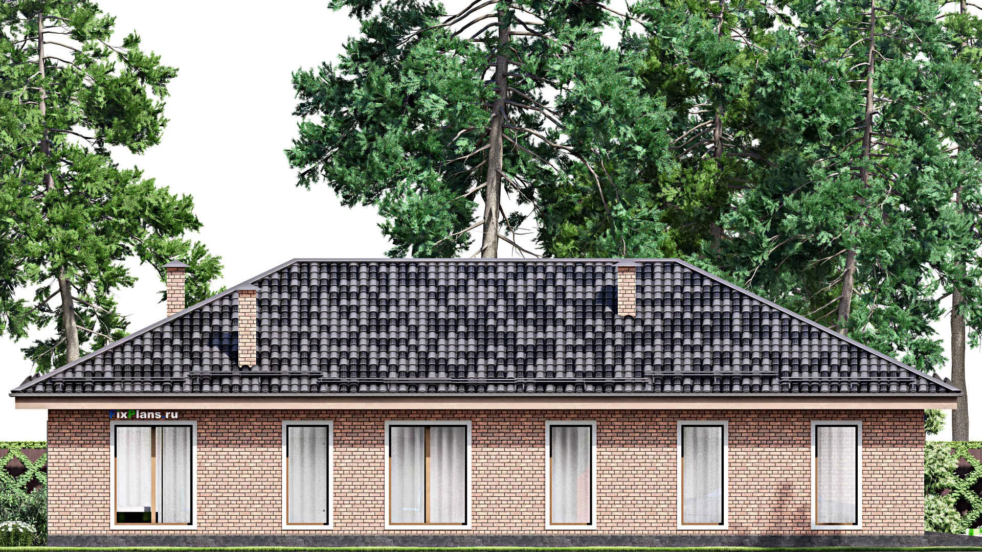 F-13481 - Проект одноэтажного дома 17 на 20, площадью 230 м² с террасой, гаражом на 2 машины и 3 спальнями