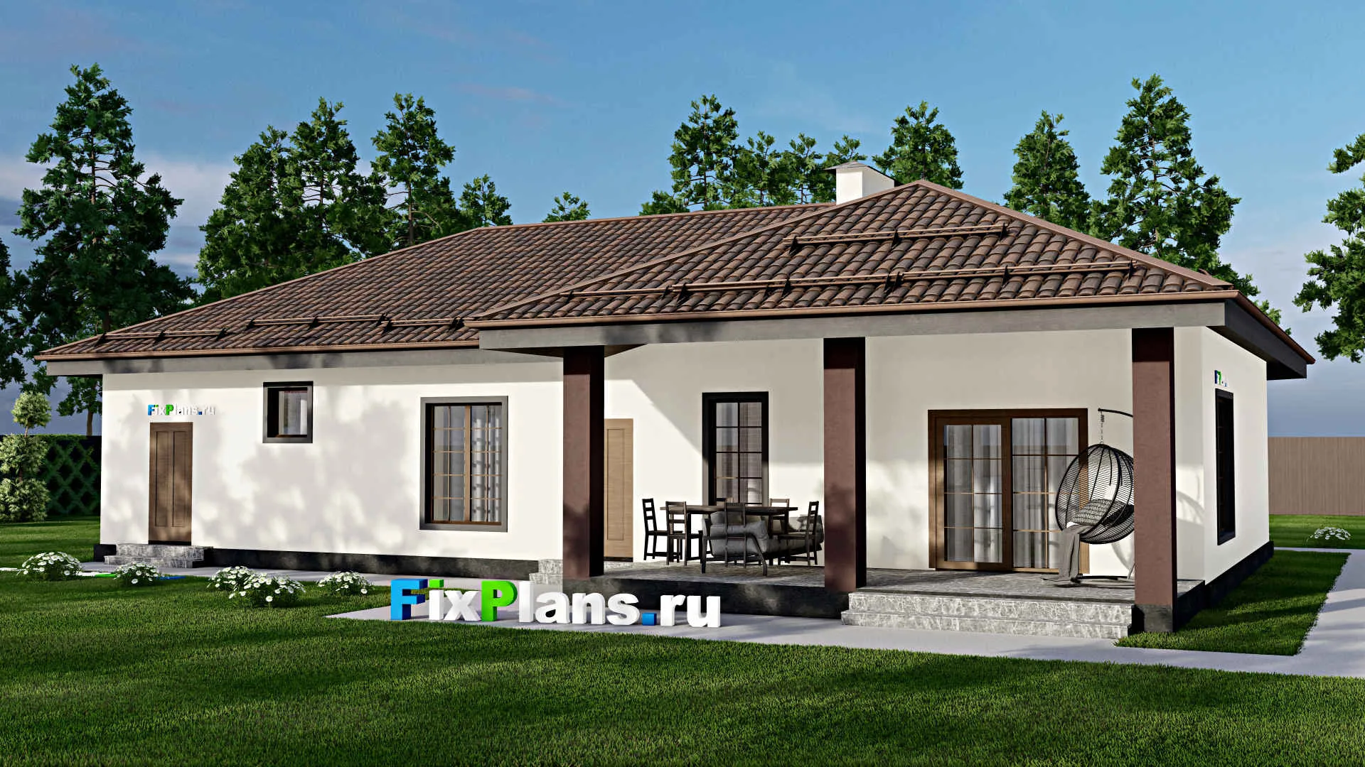 F-12077 - План одноэтажного дома 20 на 20, площадью 220 м² с террасой, гаражом на 2 машины и 2 спальнями