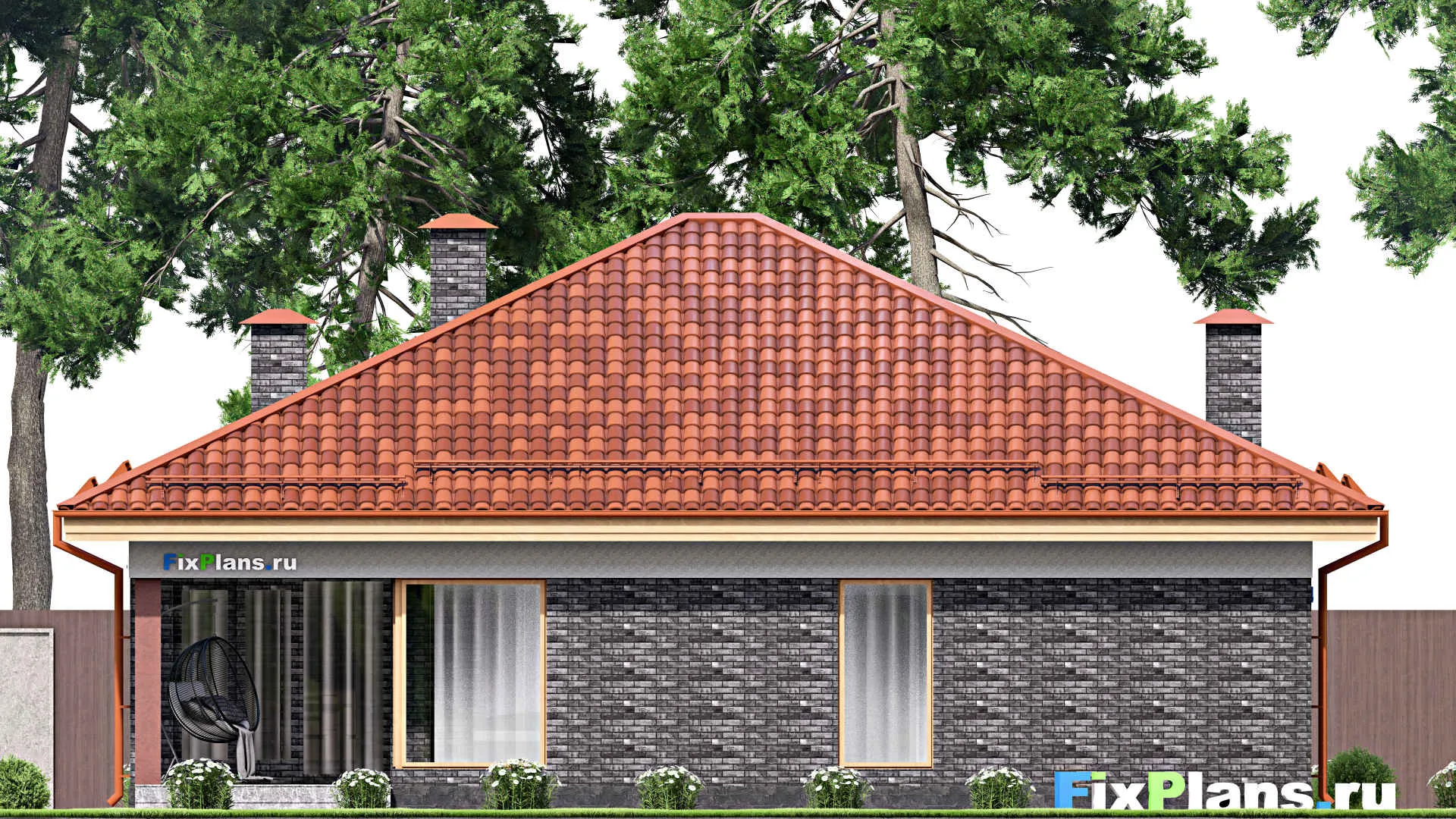 F-15821 - План одноэтажного дома 13 на 14, площадью 150 м² с террасой и 4 спальнями