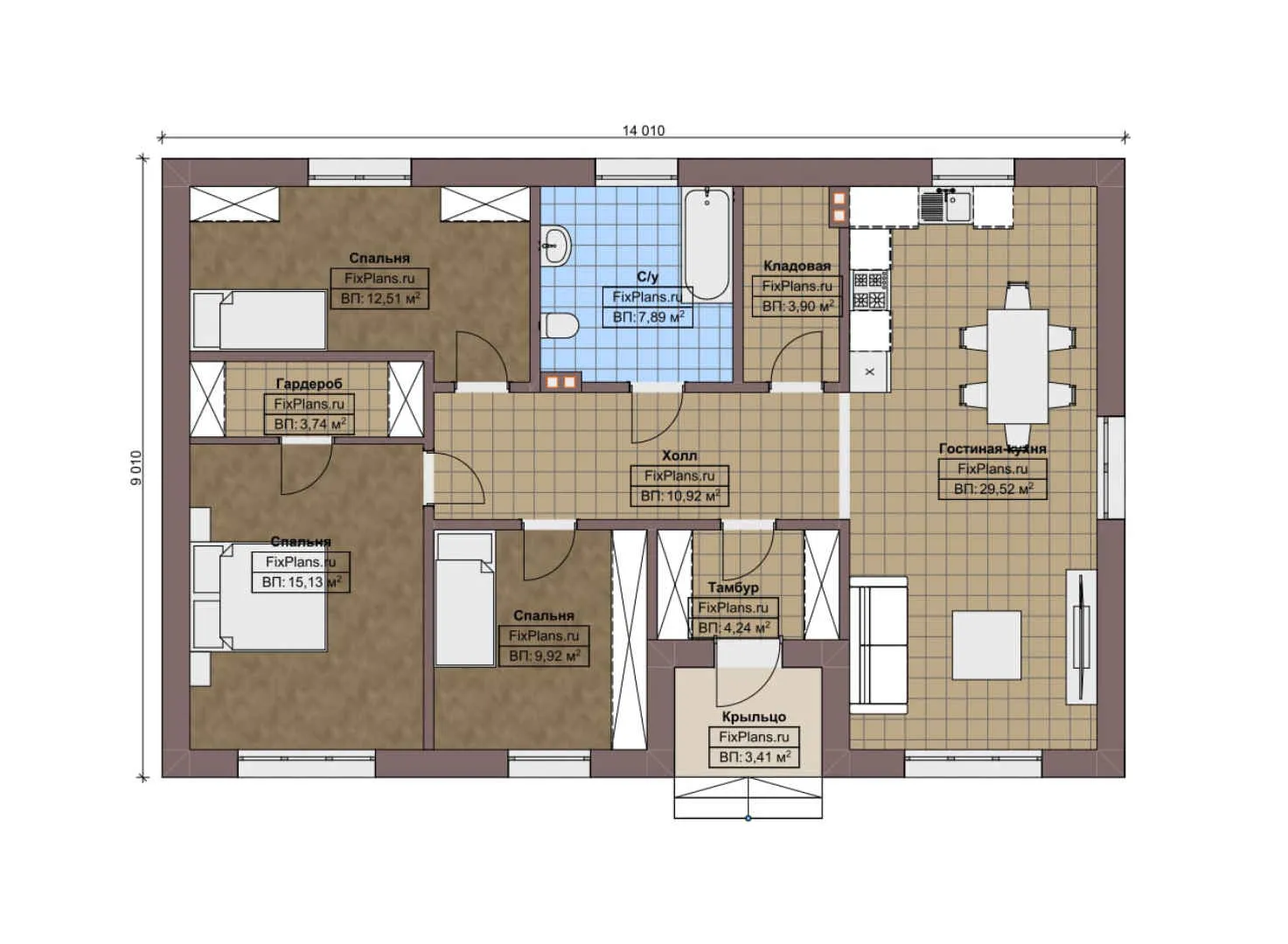 F-6200 - План одноэтажного дома 10 на 15, площадью 110 м² с 3 спальнями