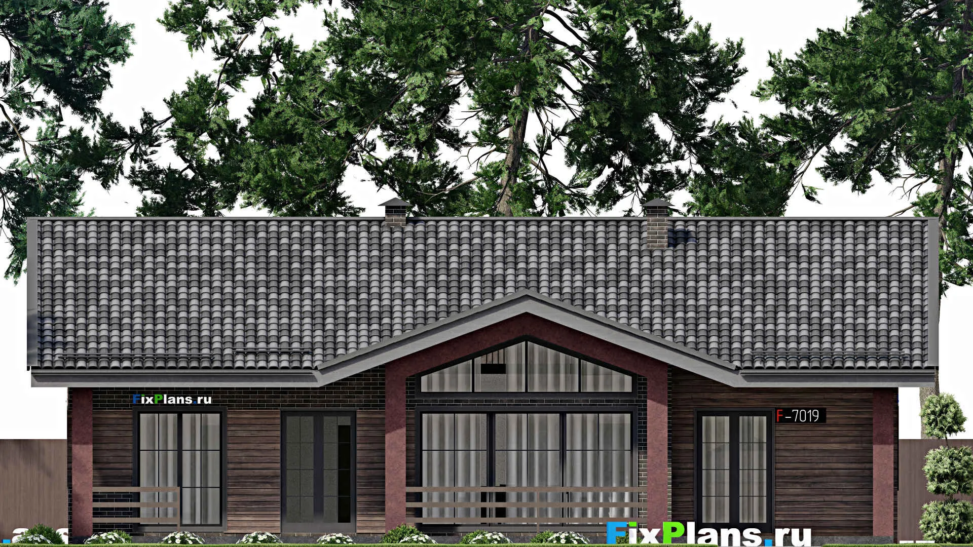 F-7019 - Проект одноэтажного дома 15 на 17, площадью 200 м² с террасой и 3 спальнями