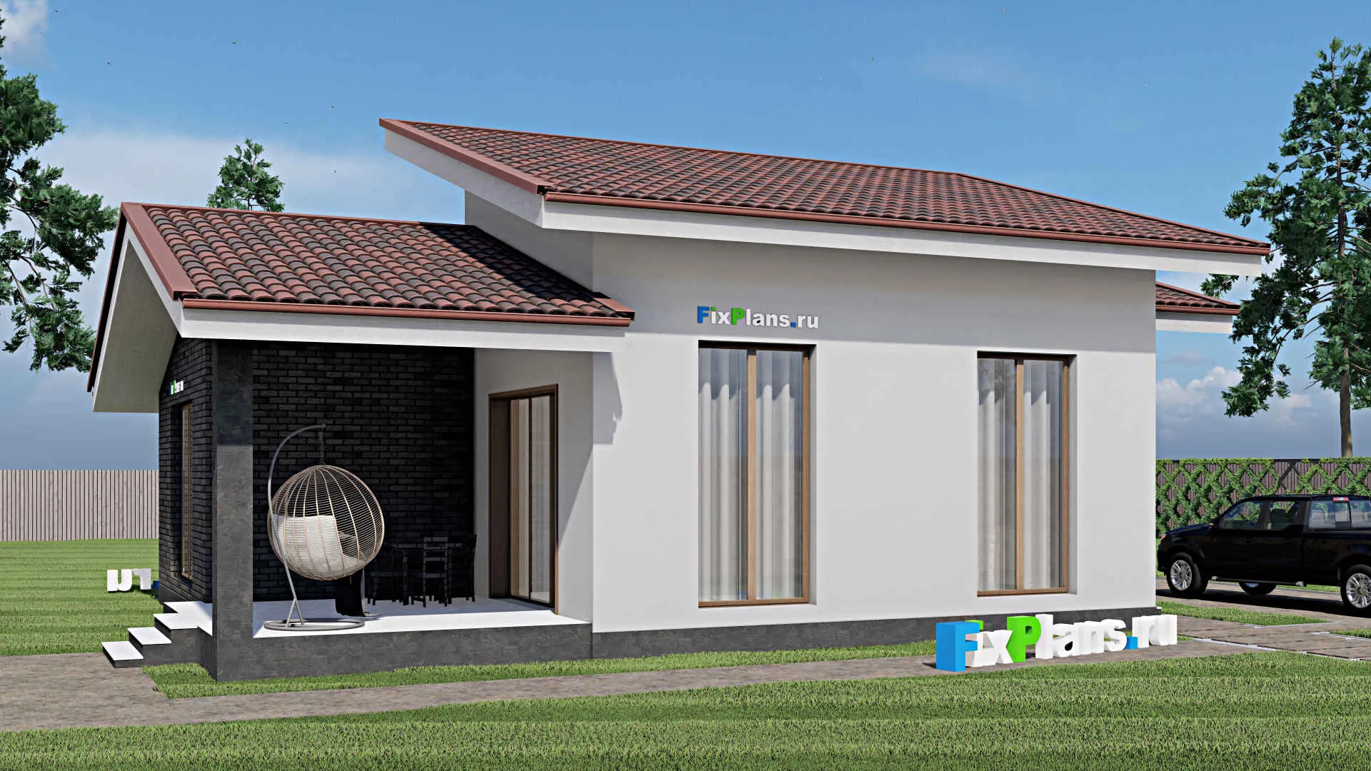 F-1106 - Проект одноэтажного дома 10 на 14, площадью 110 м² с террасой и 2 спальнями