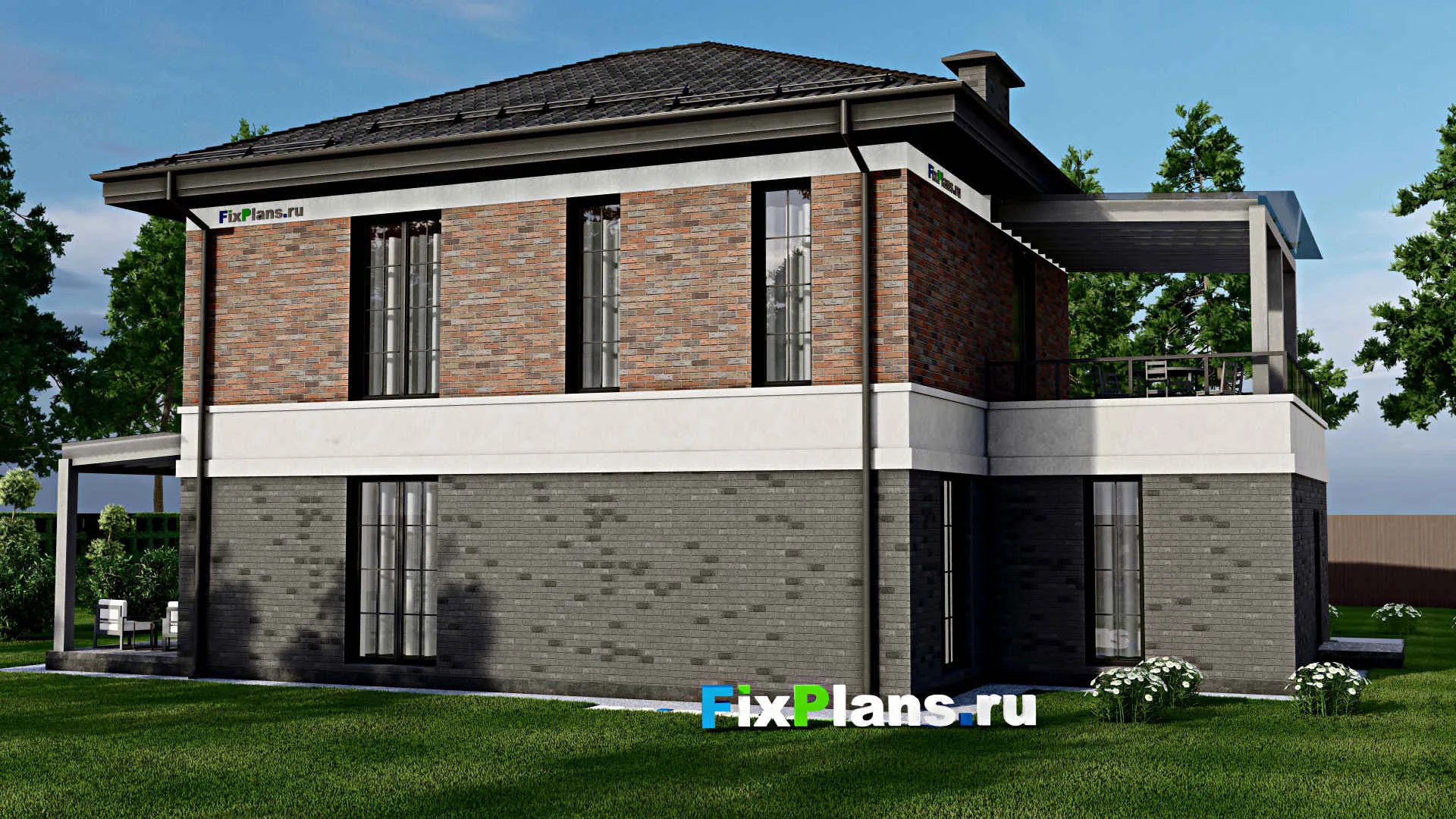 F-2438 - Проект двухэтажного дома 12 на 16, площадью 250 м² с террасой, балконом, гаражом на 1 машину и 4 спальнями