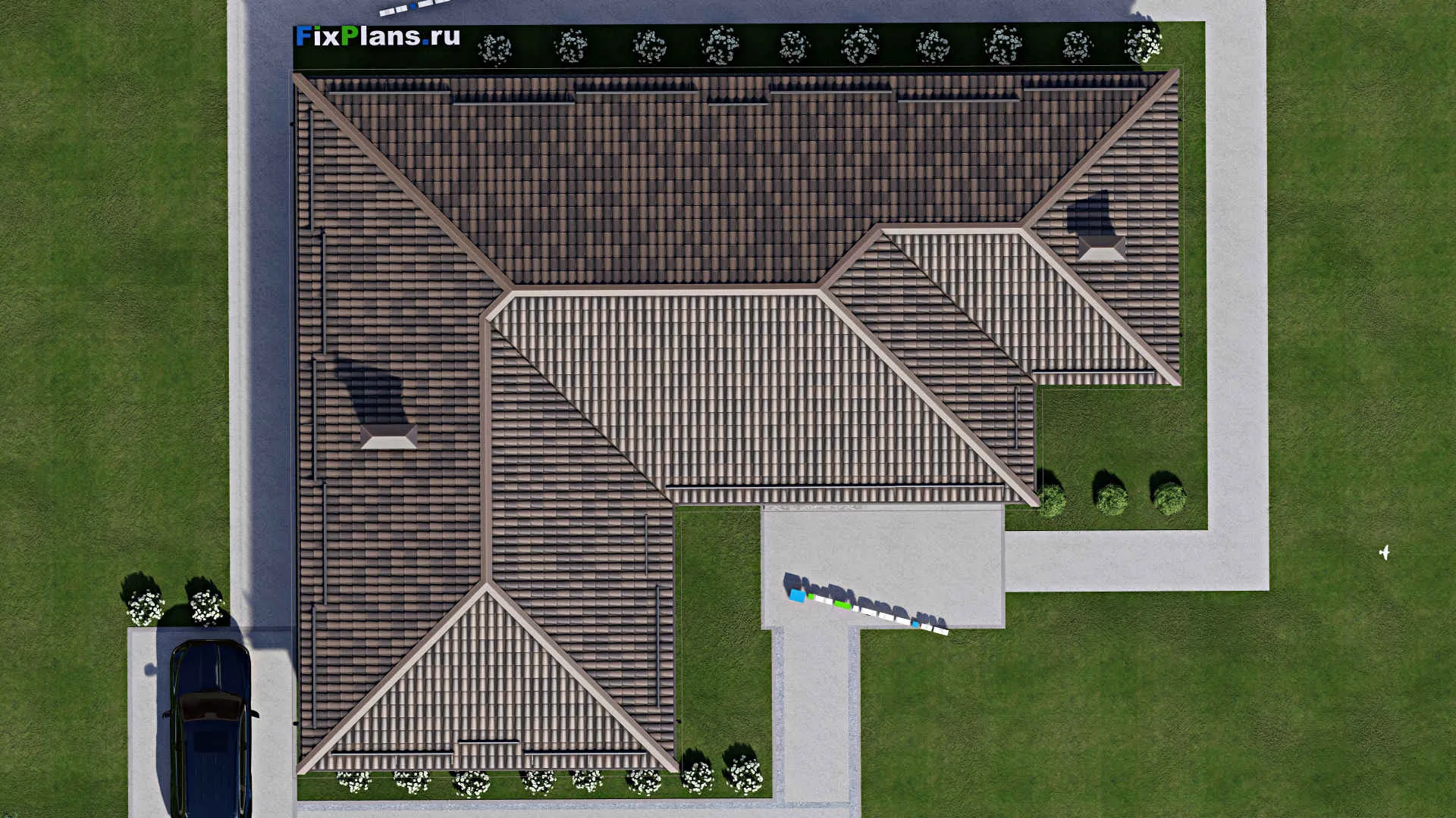 F-8162 - Проект одноэтажного дома 16 на 21, площадью 190 м² с террасой, баней, бассейном и 2 спальнями