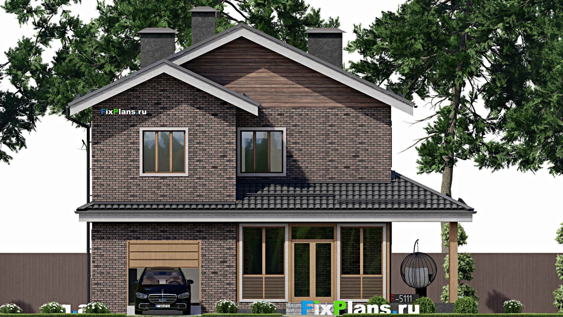 F-5111 - Проект двухэтажного дома 11 на 12, площадью 200 м² с террасой, гаражом на 1 машину и 4 спальнями