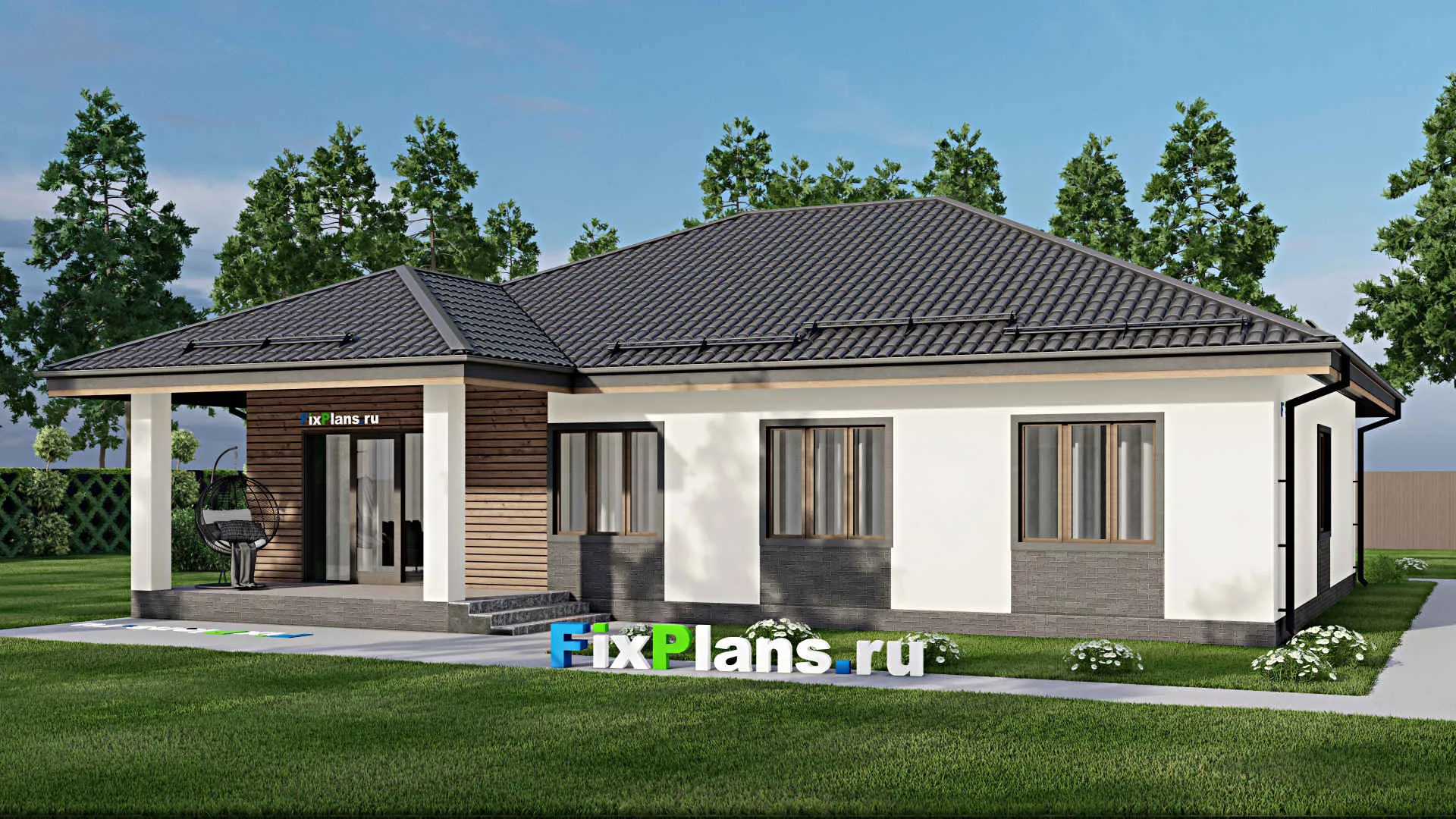 F-4427 - Проект одноэтажного дома 13 на 16, площадью 180 м² с террасой и 4 спальнями