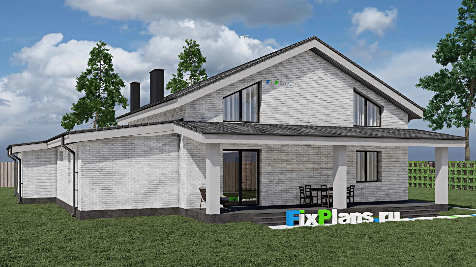 F-1421 - Проект дома с мансардой 17 на 17, площадью 240 м² с террасой, гаражом на 1 машину и 3 спальнями