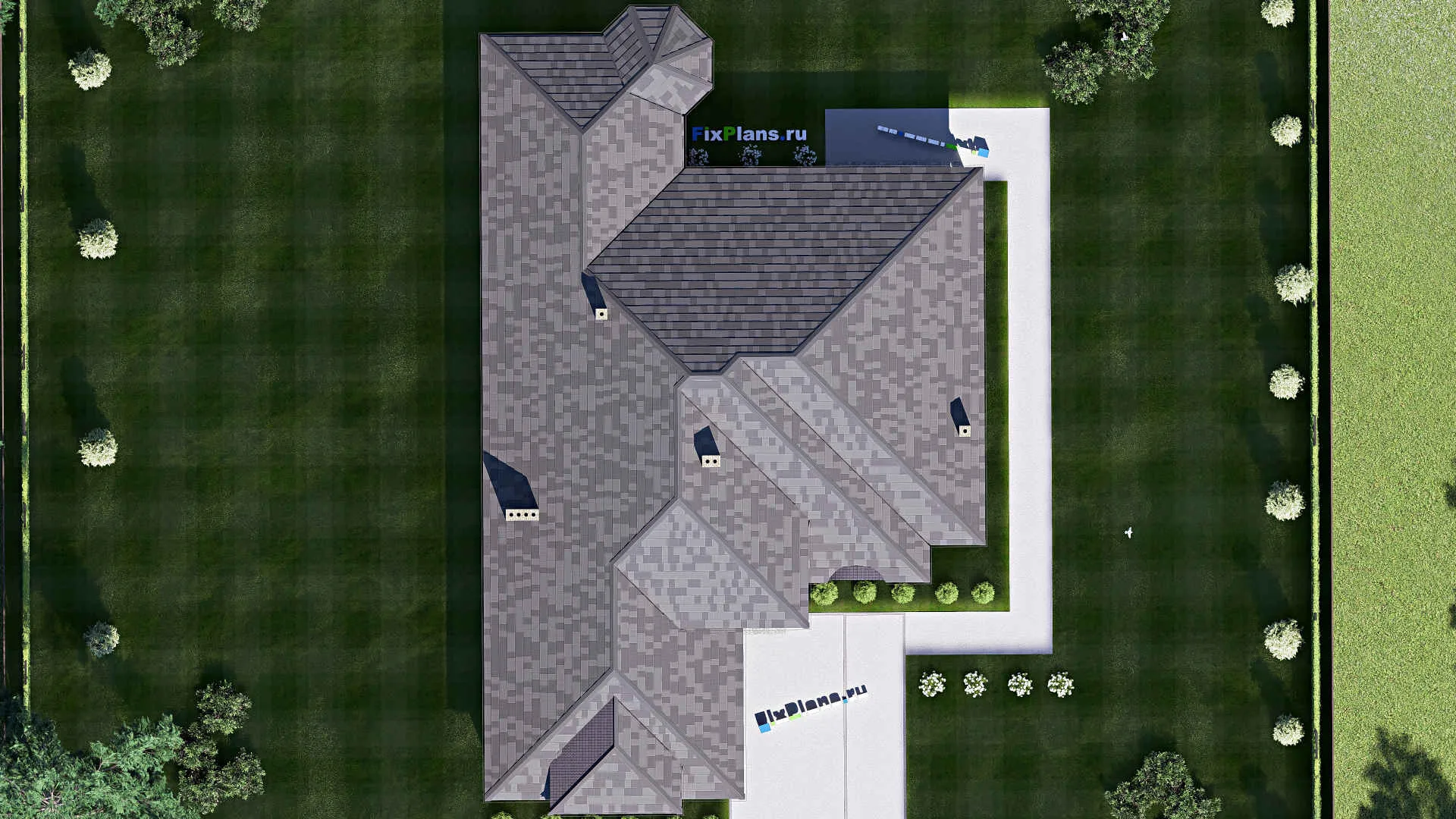 F-17189 - Проект одноэтажного дома 17 на 28, площадью 280 м² с террасой, гаражом на 2 машины и 3 спальнями