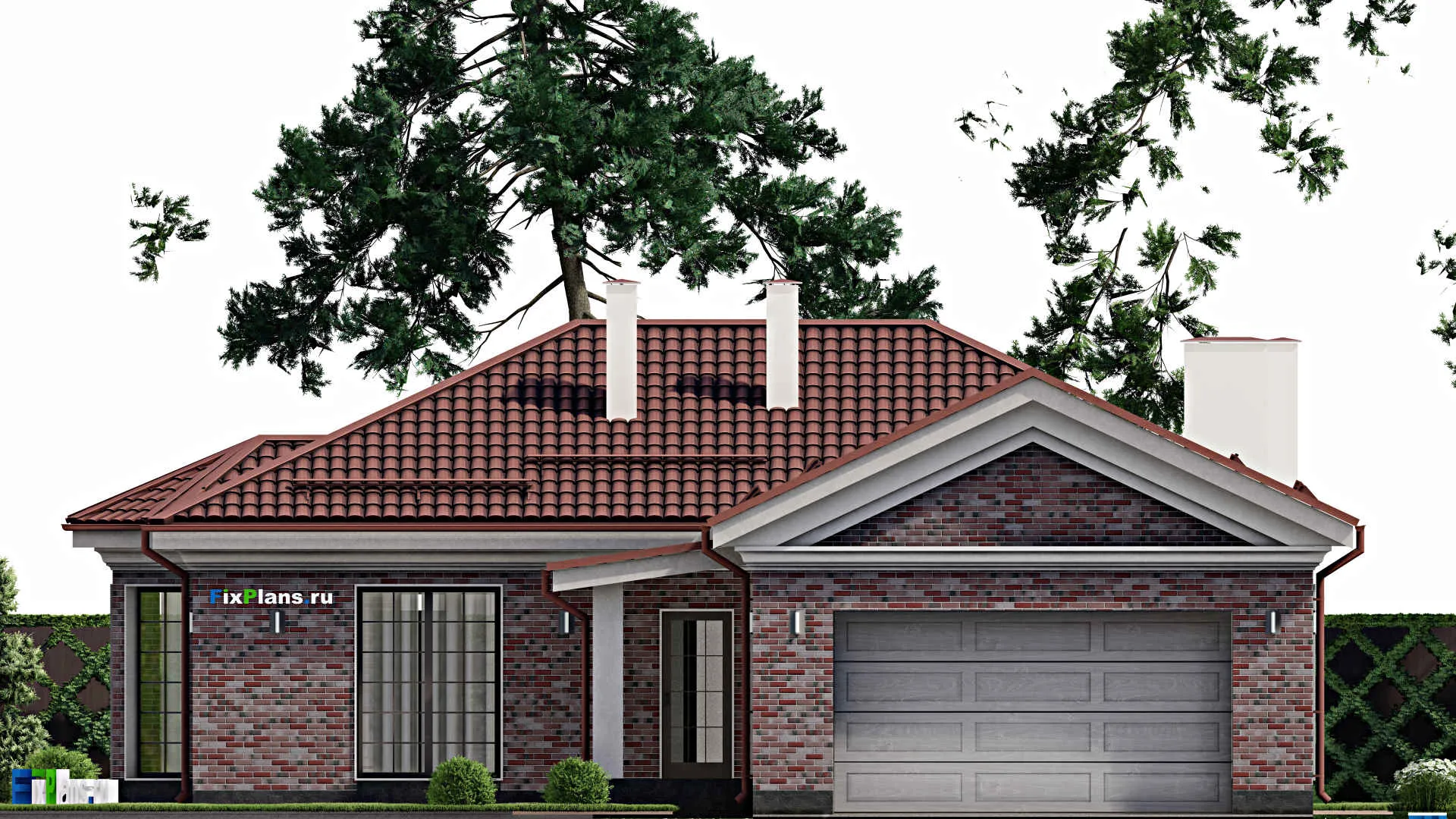 F-1484 - План одноэтажного дома 15 на 19, площадью 190 м² с террасой, гаражом на 1 машину и 3 спальнями