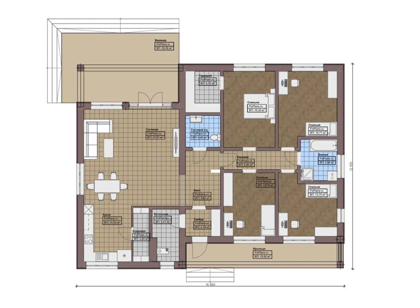 F-0134 - План одноэтажного дома 13 на 17, площадью 200 м² с террасой и 4 спальнями