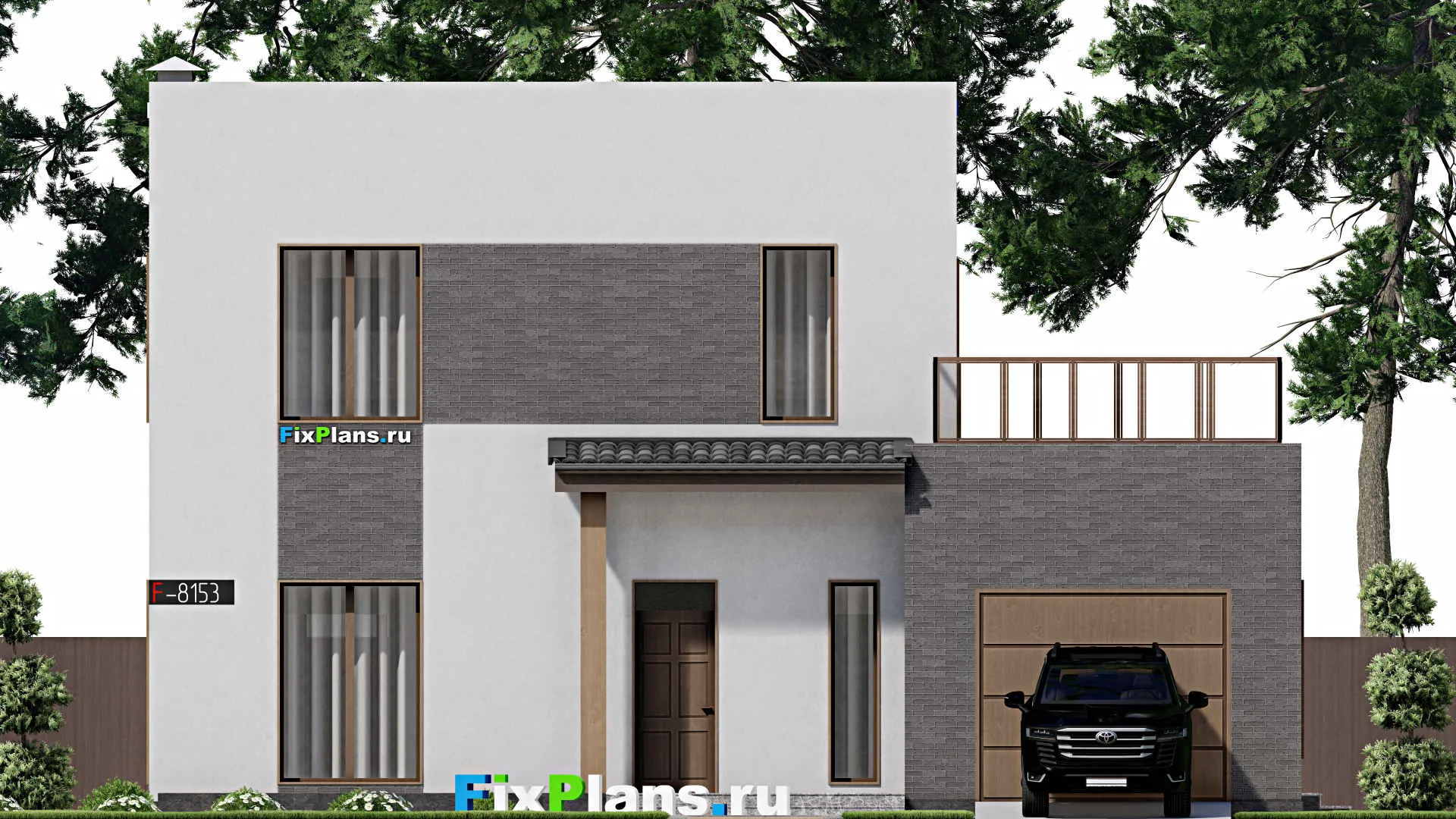 F-8153 - Планы двухэтажного дома 14 на 14, площадью 240 м² с террасой, балконом, гаражом на 1 машину и 3 спальнями