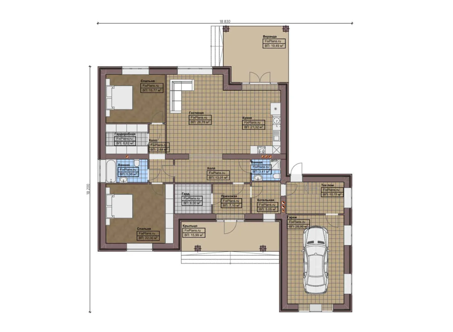 F-0188 - План одноэтажного дома 19 на 19, площадью 210 м² с террасой, гаражом на 1 машину и 2 спальнями