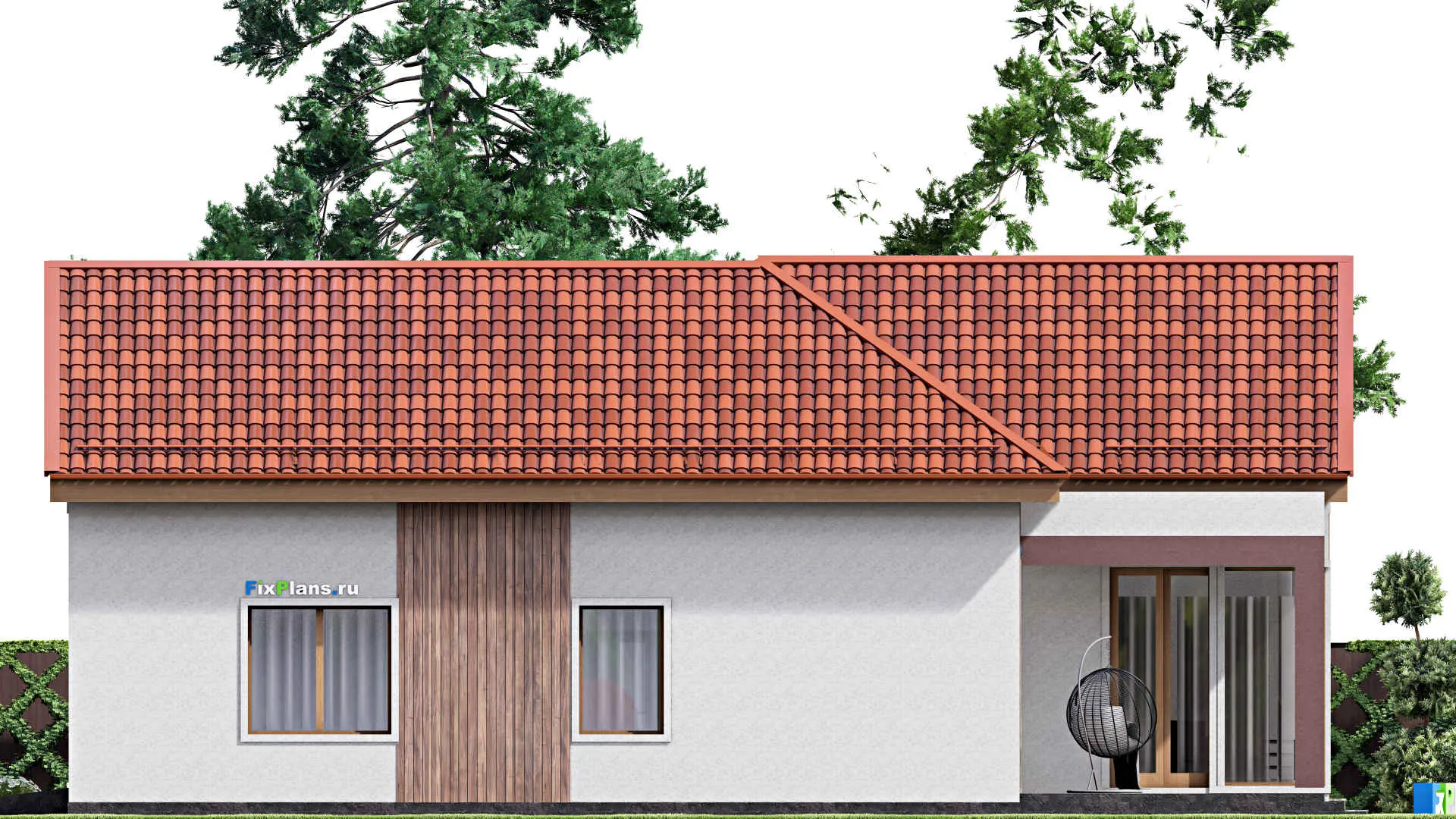 F-16244 - Проект одноэтажного дома 16 на 18, площадью 320 м² с террасой, гаражом на 1 машину и 3 спальнями