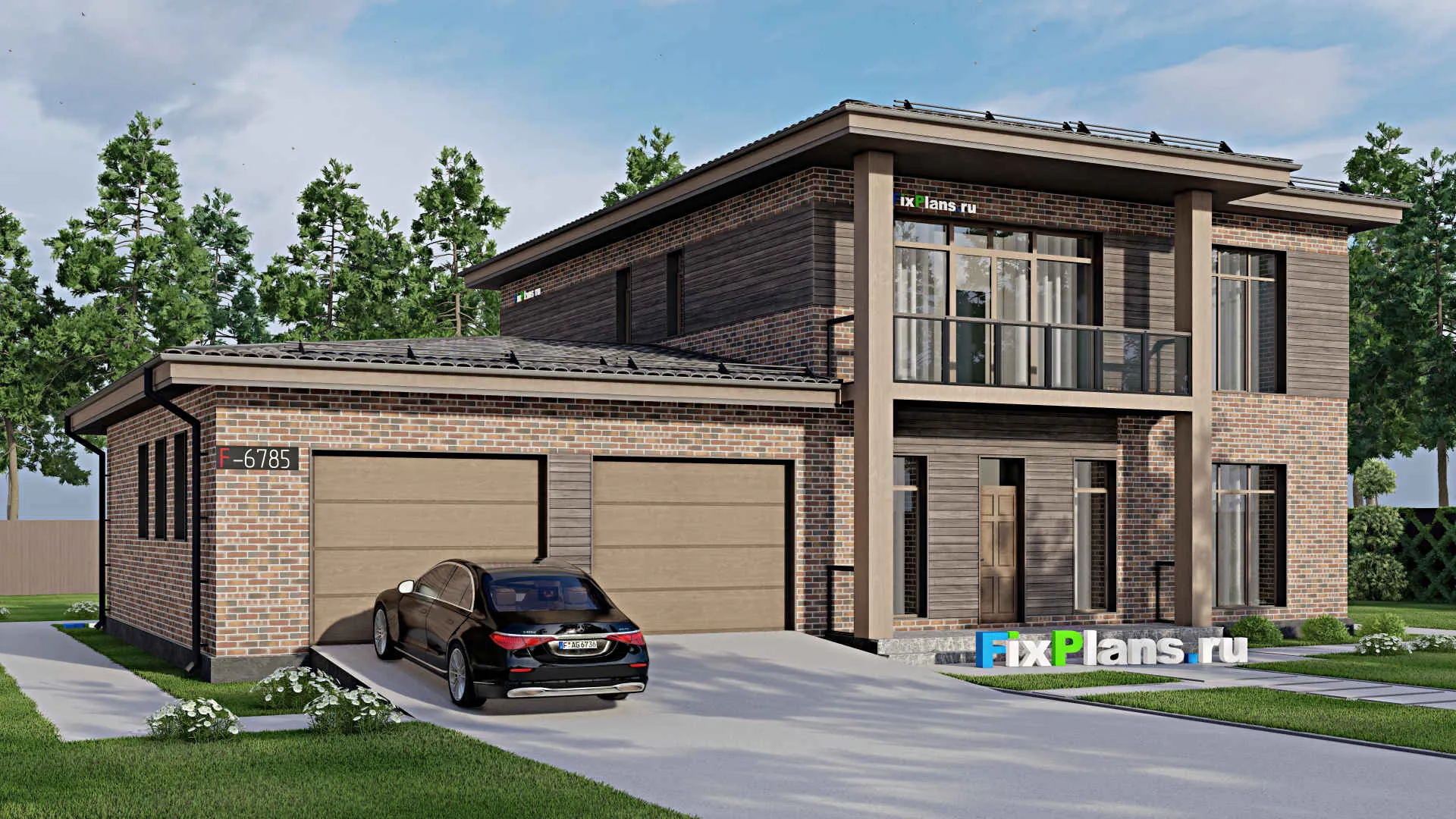 F-6785 - Проект двухэтажного дома 15 на 23, площадью 330 м² с террасой, балконом, гаражом на 2 машины и 4 спальнями