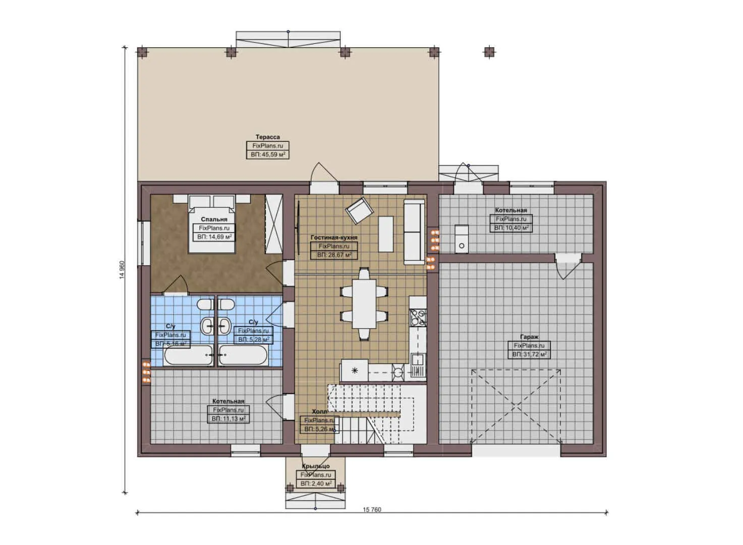 F-9422 - Планы дома с мансардой 15 на 16, площадью 220 м² с террасой, гаражом на 1 машину и 3 спальнями