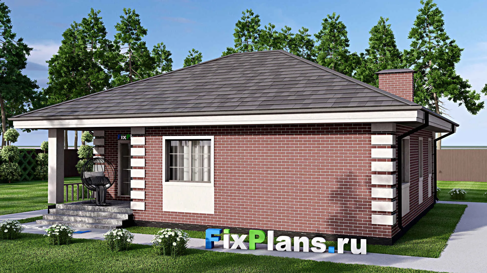 F-12860 - Проект одноэтажного дома 12 на 13, площадью 110 м² с террасой и 3 спальнями