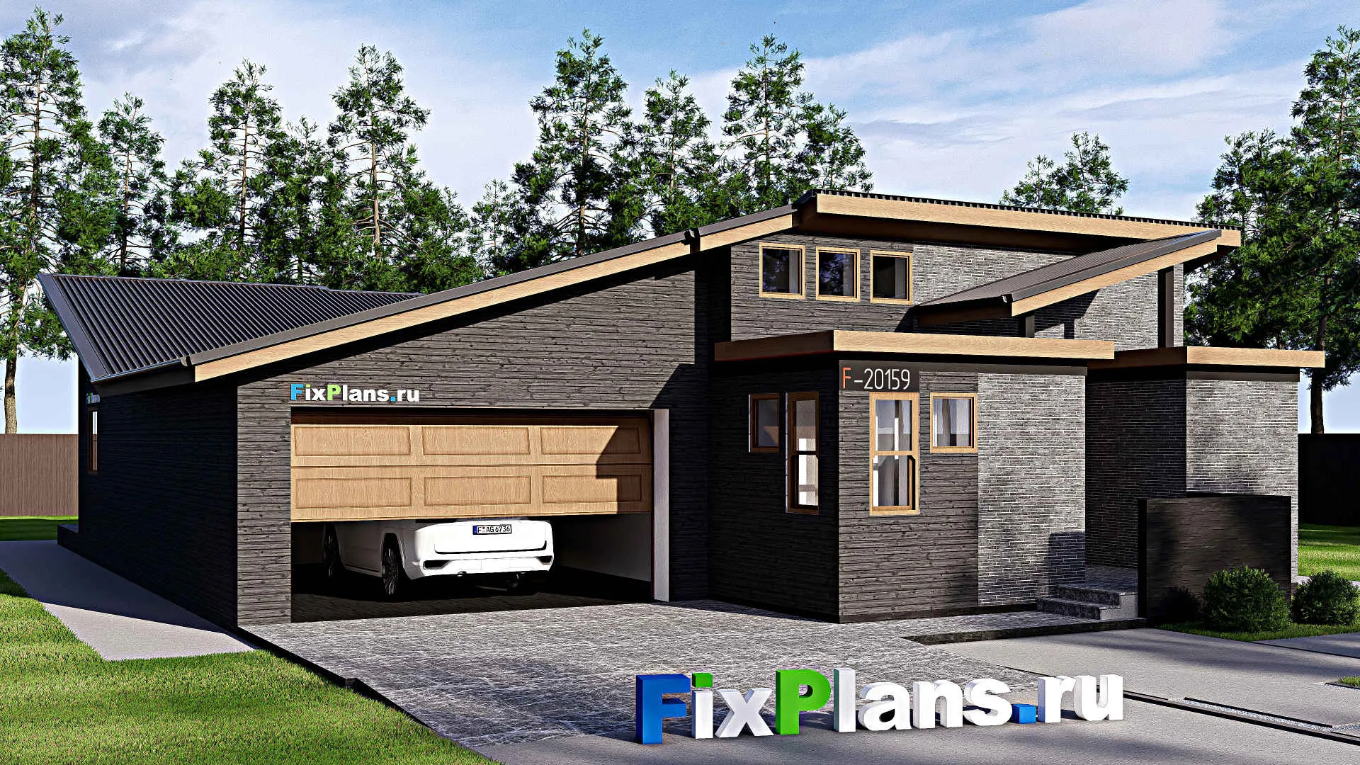F-20159 - Проект одноэтажного дома 15 на 22, площадью 200 м² с террасой, баней, гаражом на 2 машины и 3 спальнями