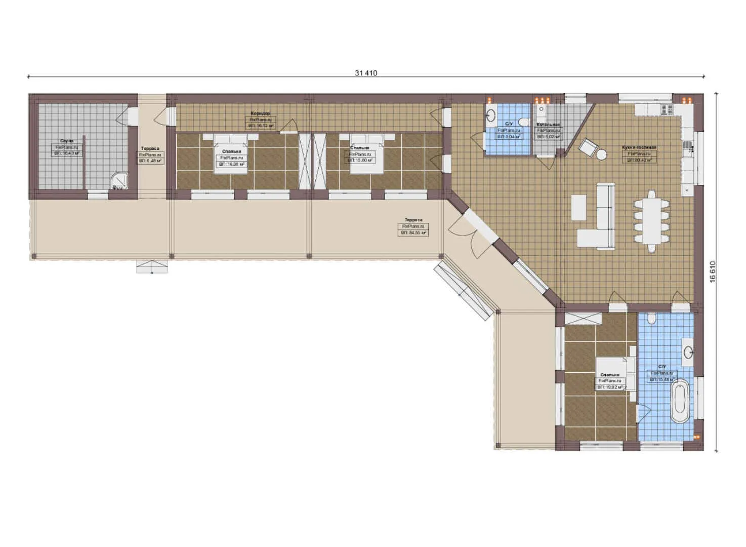 F-20006 - План одноэтажного дома 17 на 32, площадью 290 м² с террасой, баней и 3 спальнями